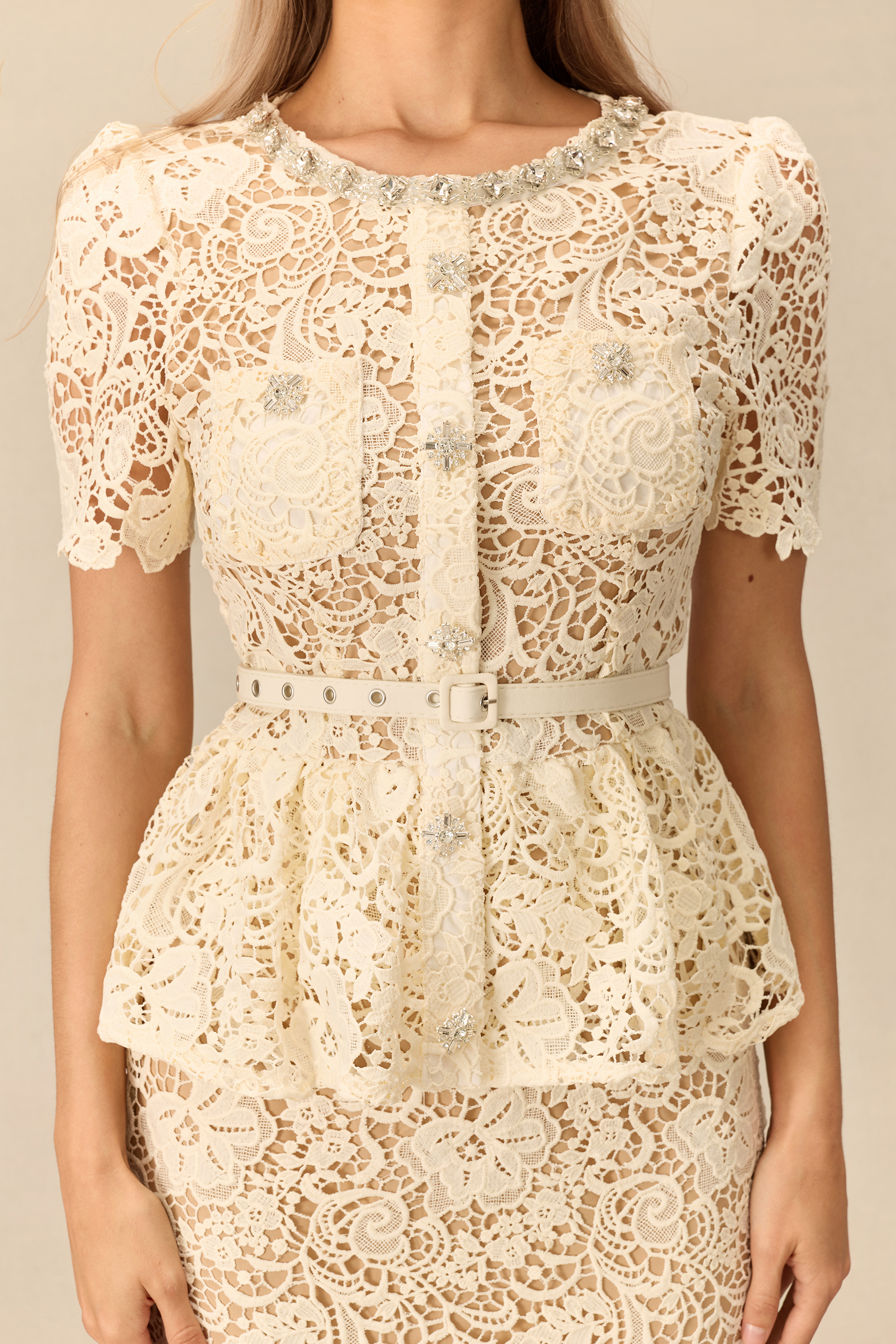 Make An Entrance Floral Lace Rhinestone Trim Midi Dress