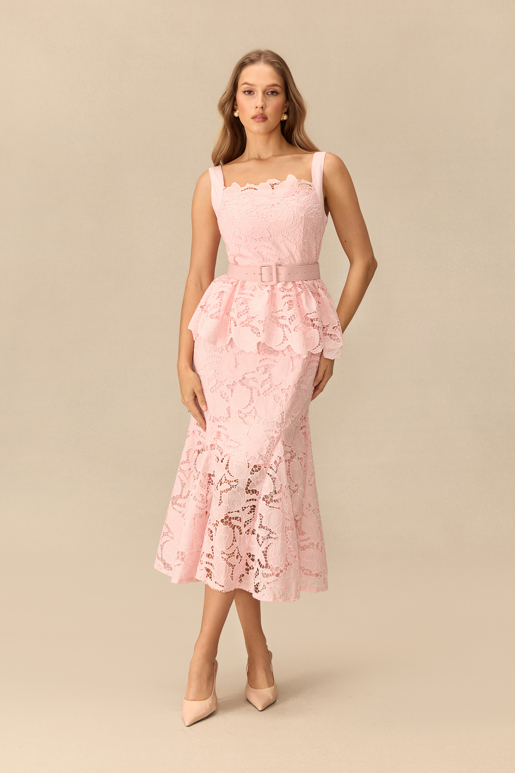 Romantically Speaking Wide Strap Lace Peplum Midi Dress