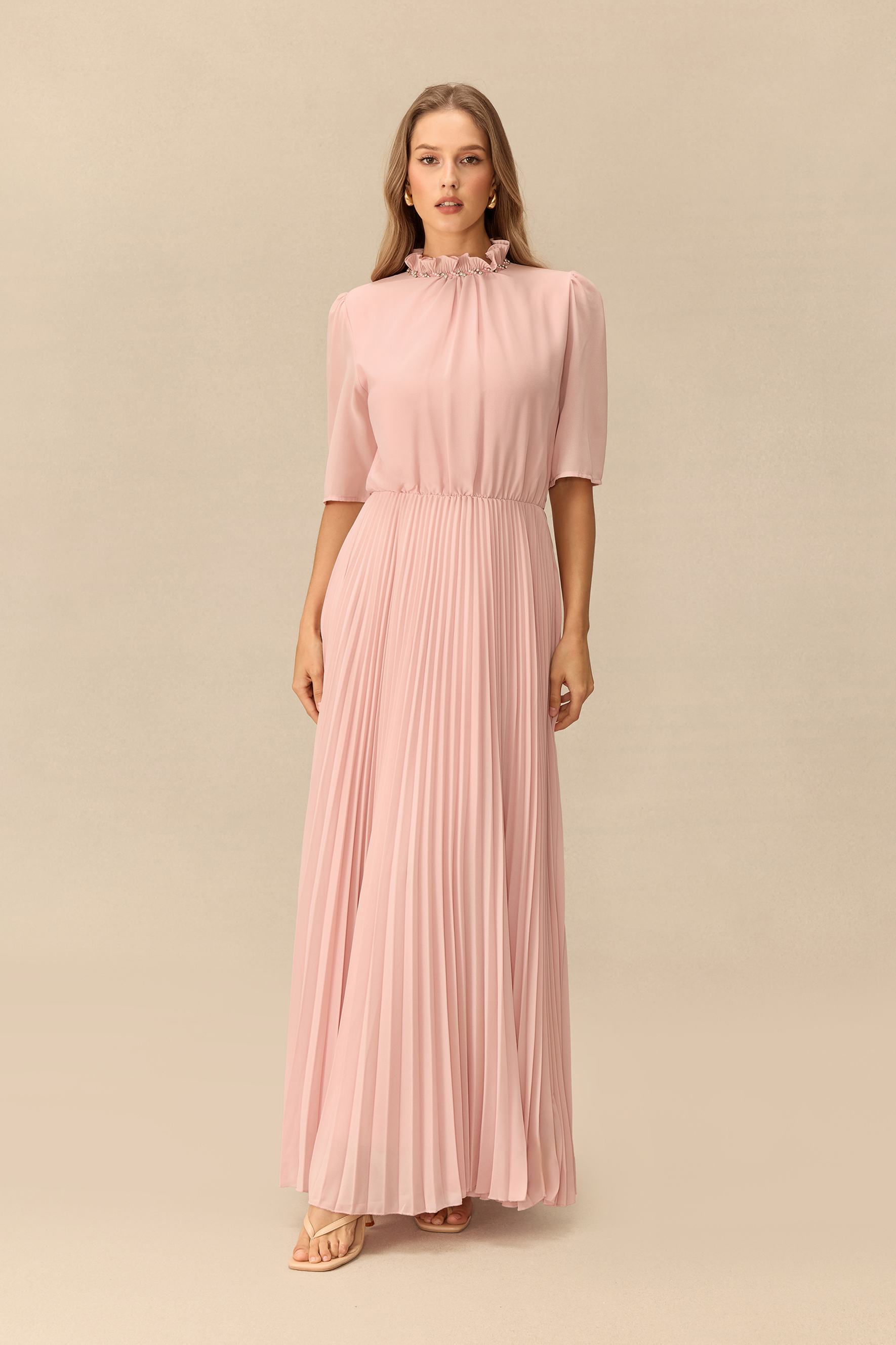 Modest Glamour Embellished Cropped Jacket & Pleated Dress Set