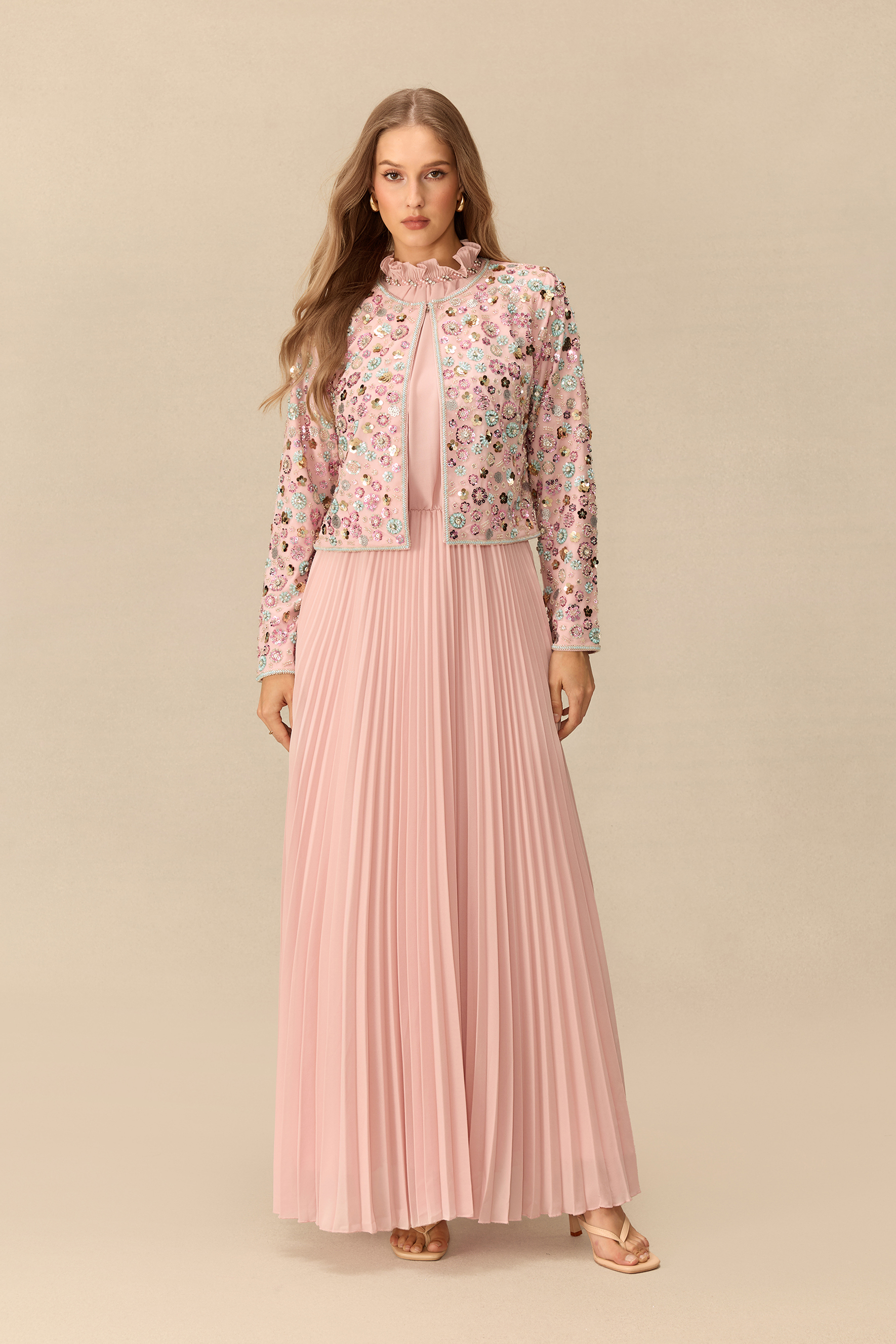 Modest Glamour Embellished Cropped Jacket & Pleated Dress Set
