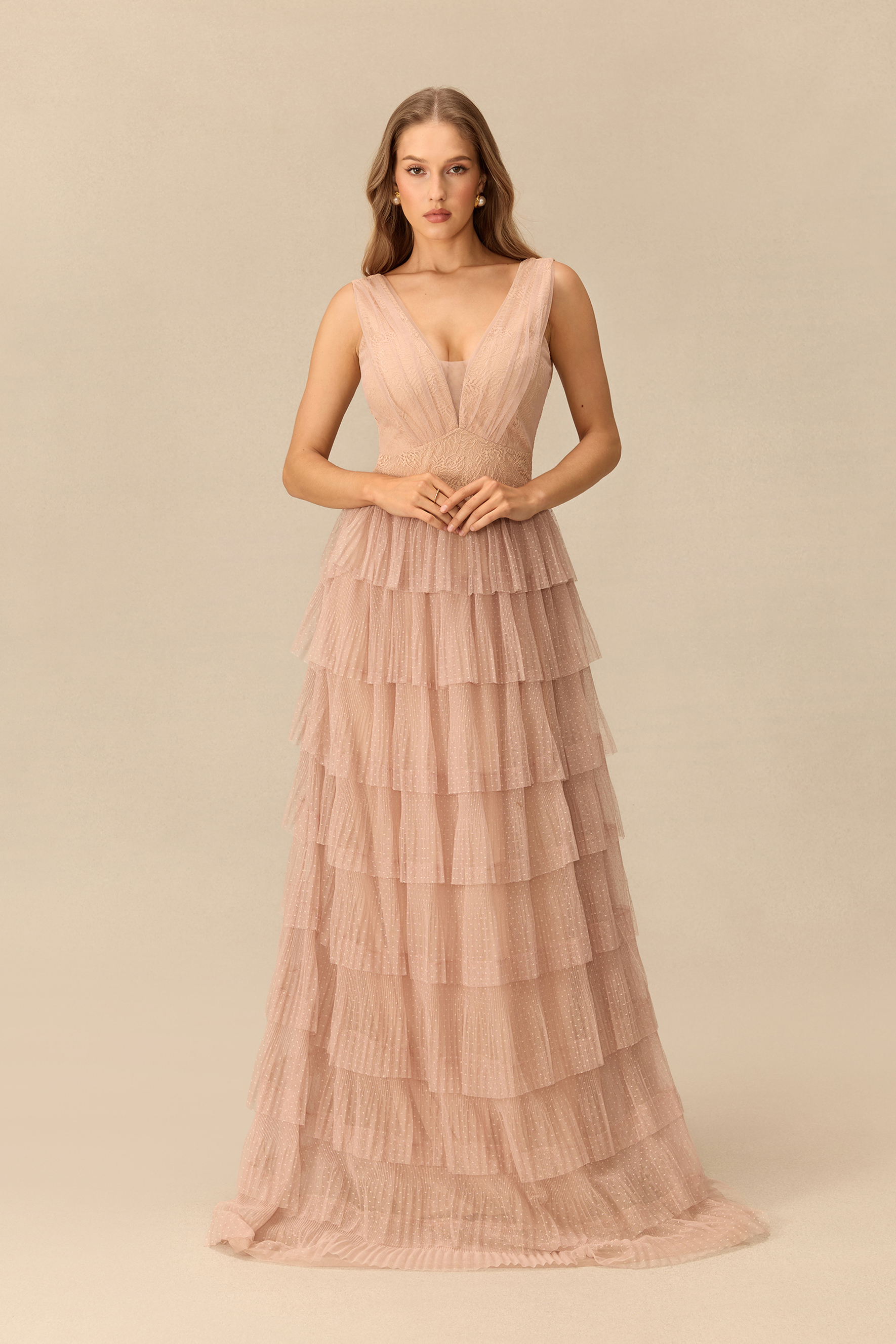 La Vie Douce V-Neck Tiered Tulle Maxi Dress