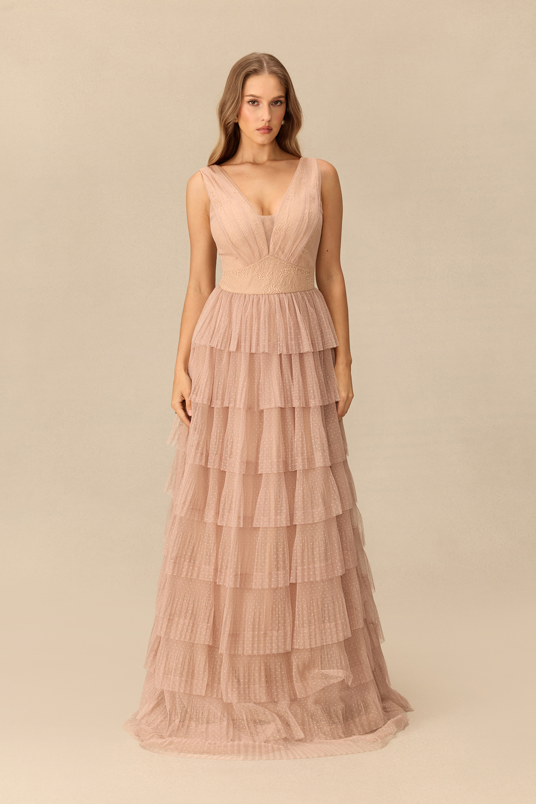 La Vie Douce V-Neck Tiered Tulle Maxi Dress