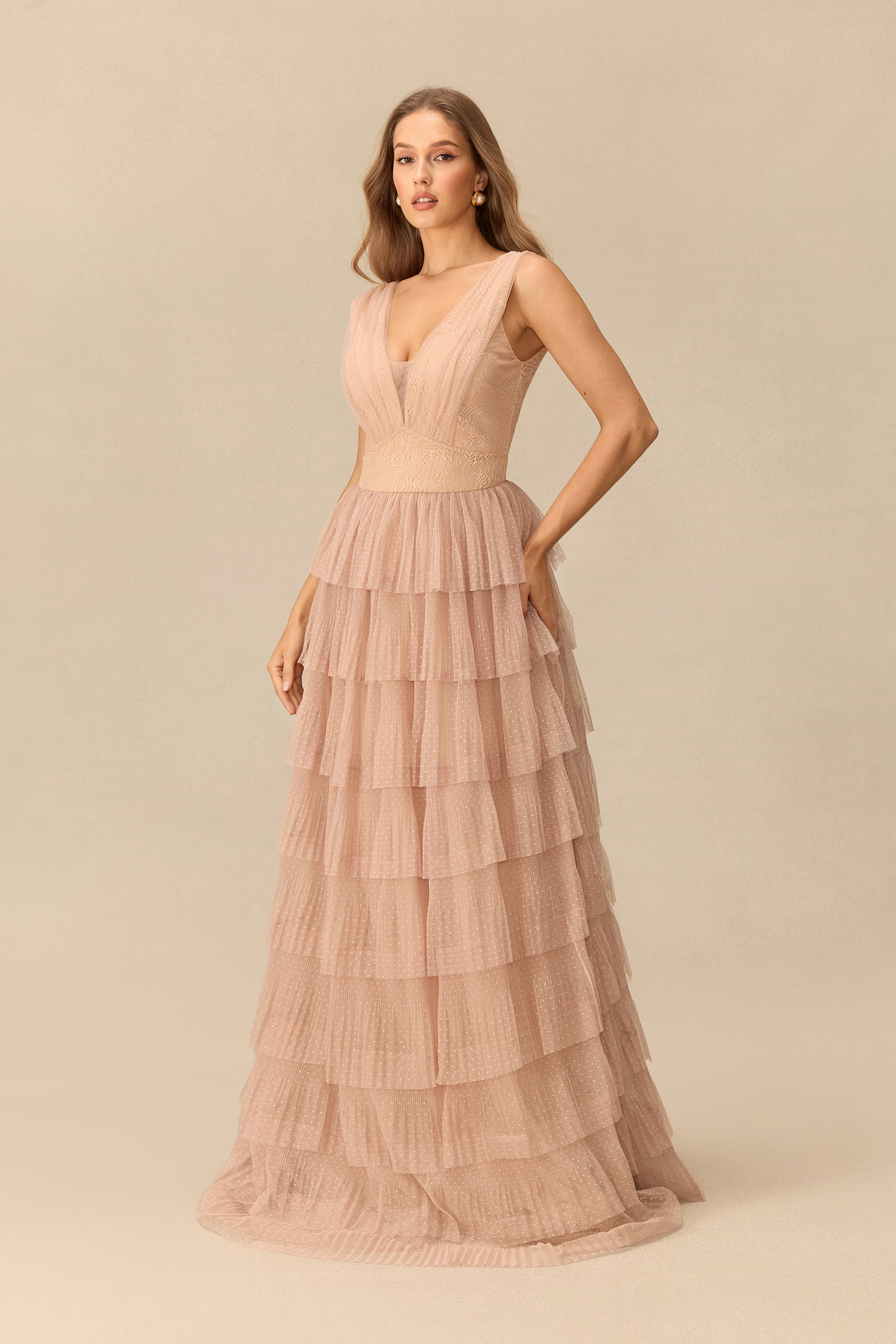 La Vie Douce V-Neck Tiered Tulle Maxi Dress