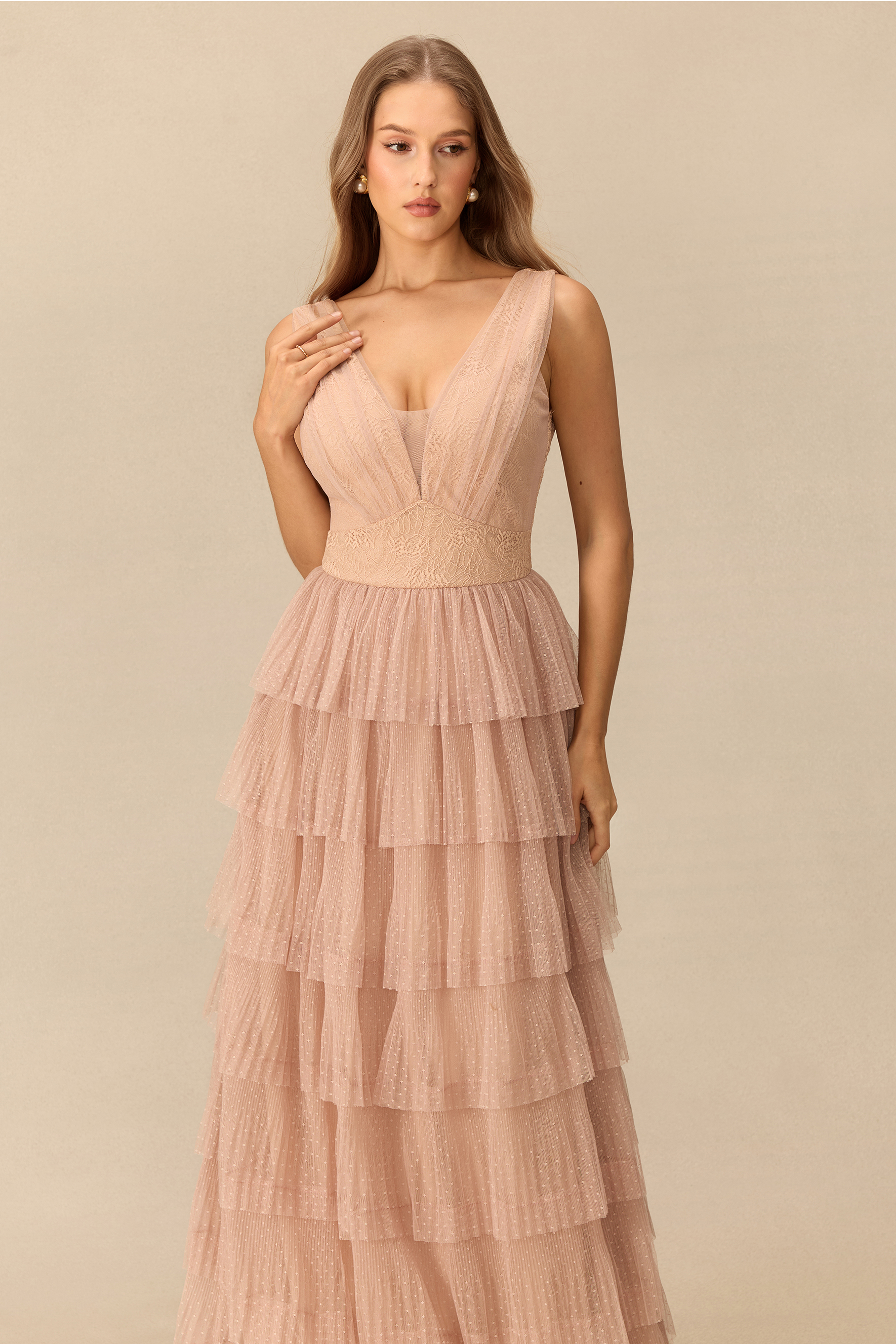 La Vie Douce V-Neck Tiered Tulle Maxi Dress