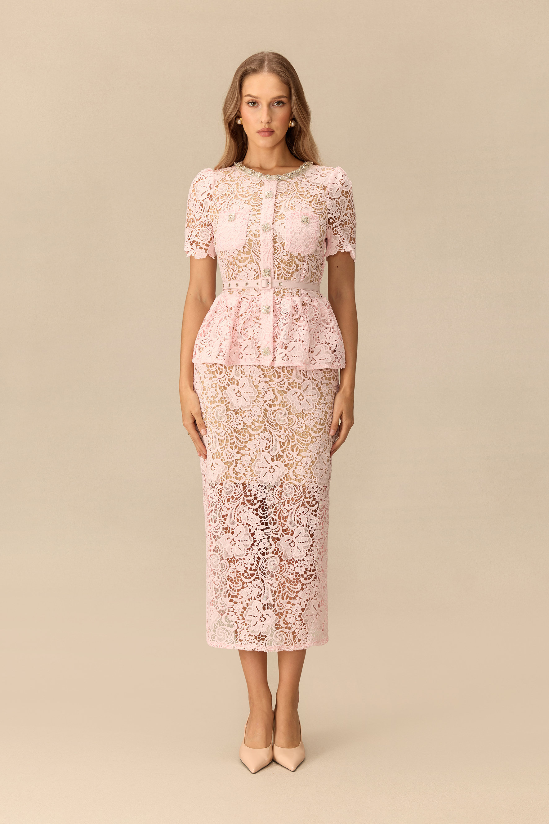 Make An Entrance Floral Lace Rhinestone Trim Midi Dress