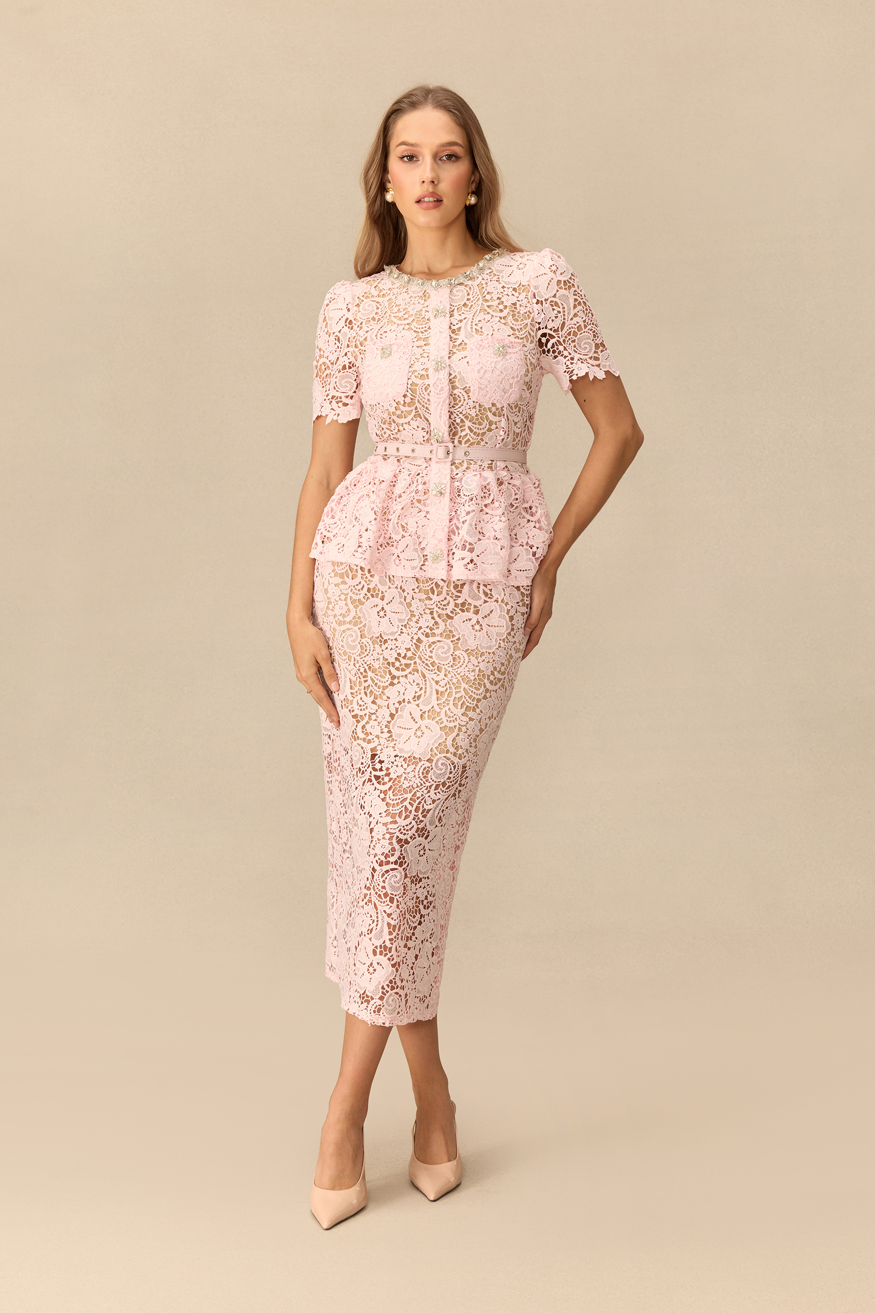 Make An Entrance Floral Lace Rhinestone Trim Midi Dress