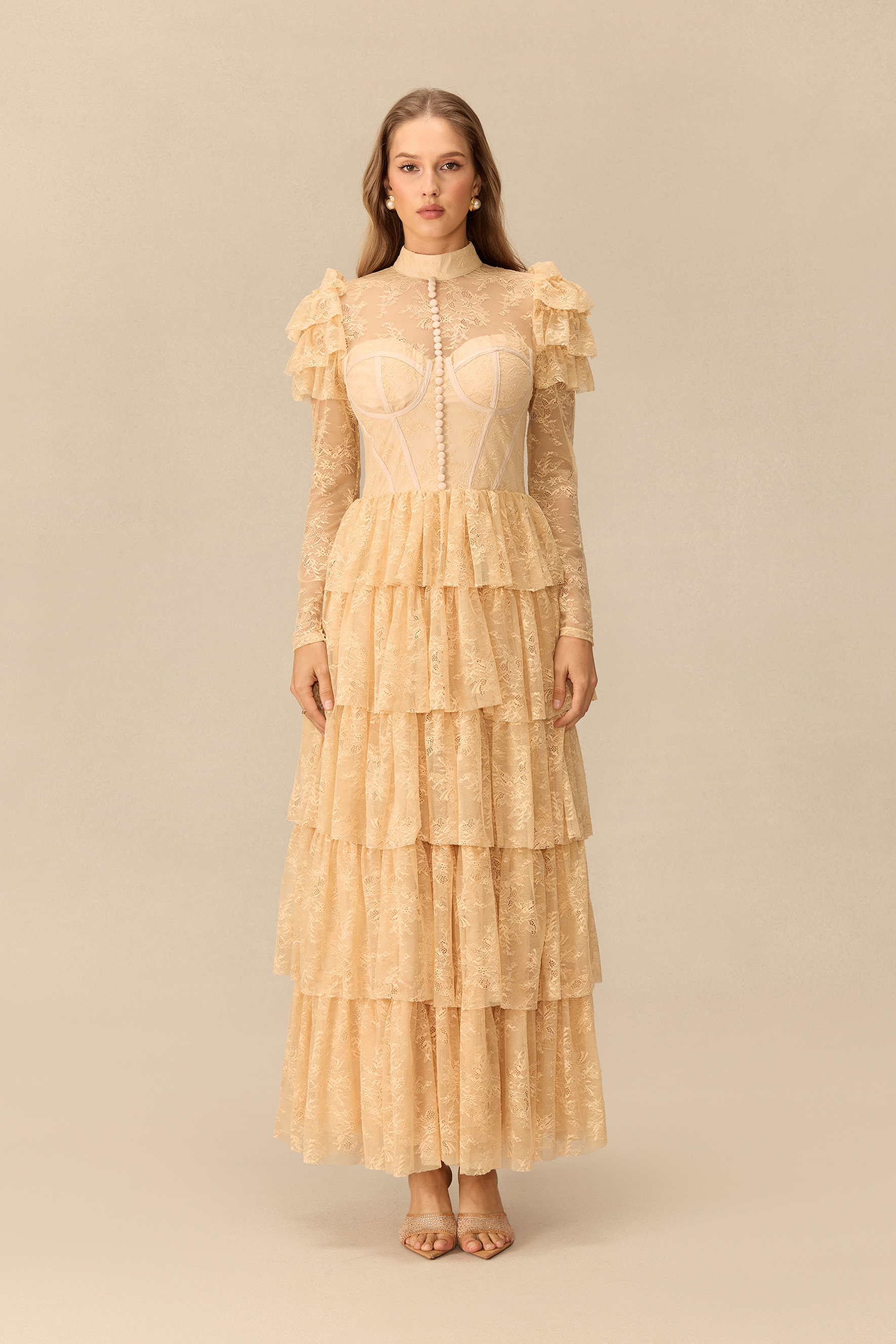 Romantic Reverie Ruffle Sleeve Tiered Lace Maxi Dress
