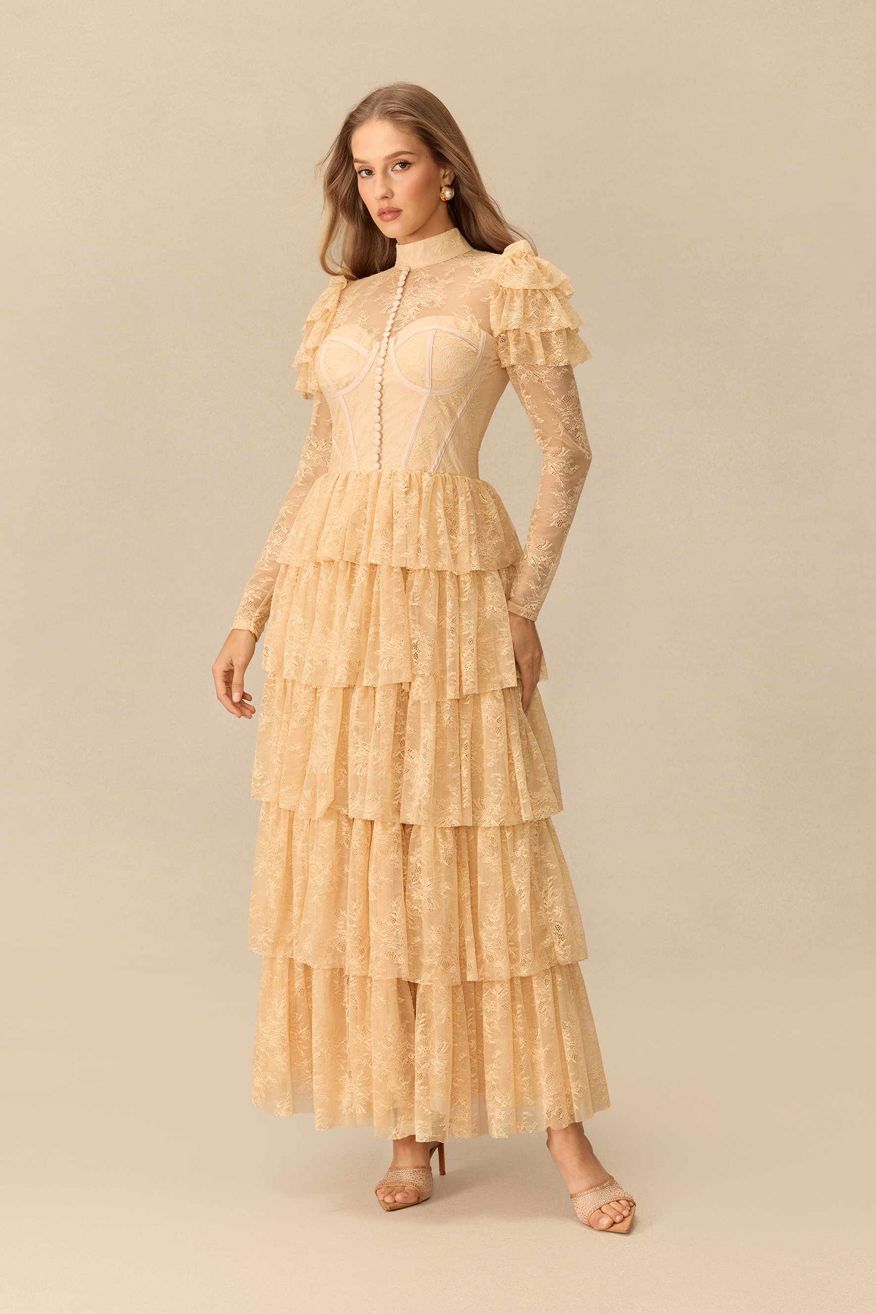 Romantic Reverie Ruffle Sleeve Tiered Lace Maxi Dress