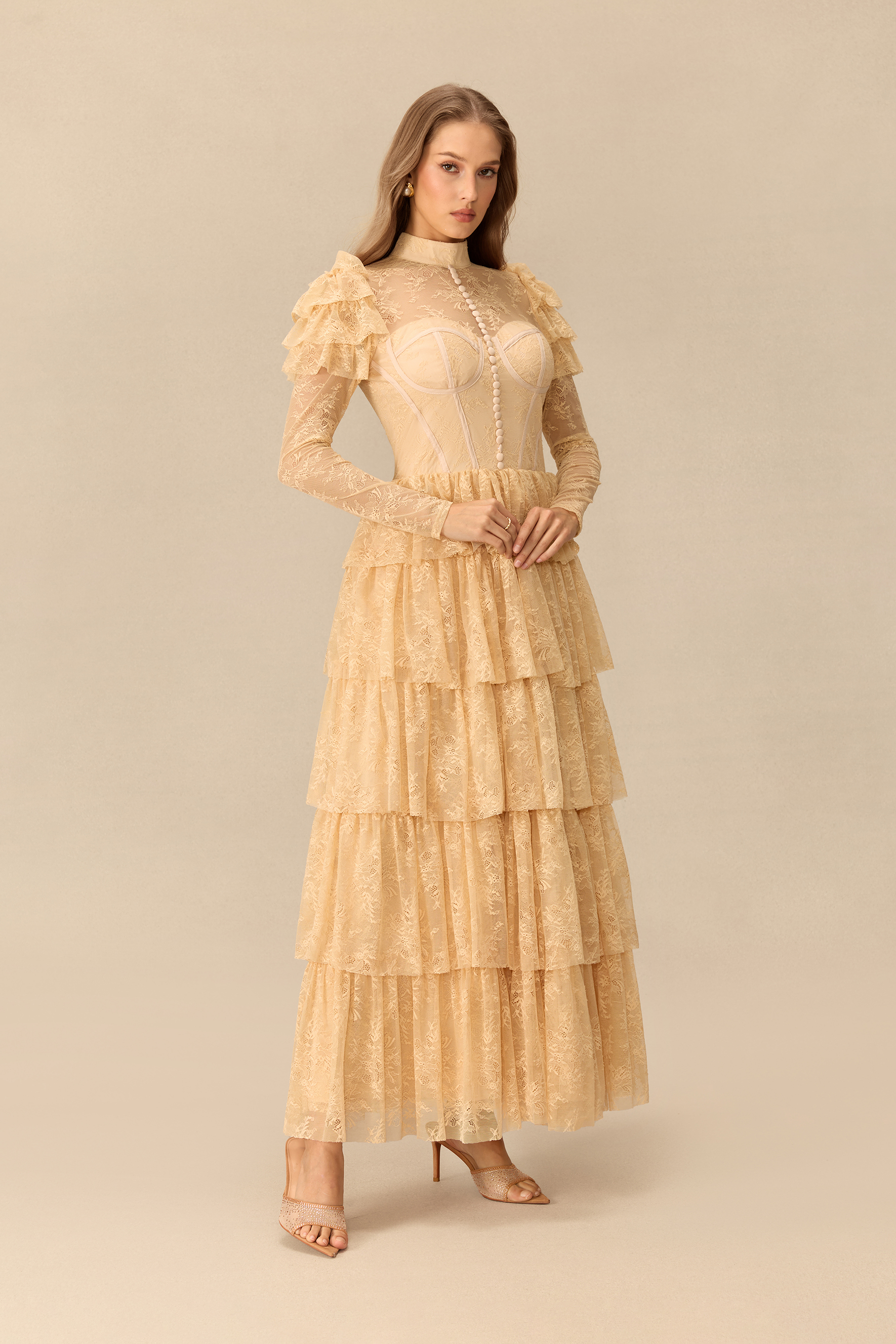 Romantic Reverie Ruffle Sleeve Tiered Lace Maxi Dress
