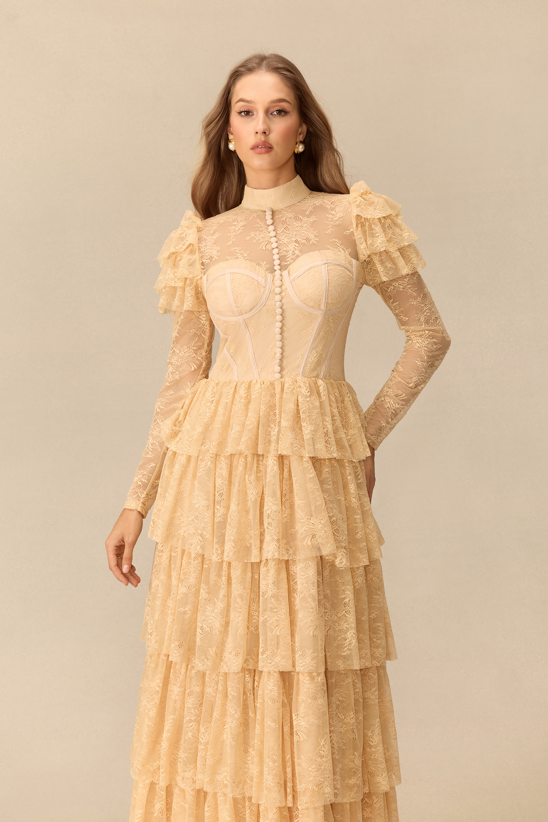 Romantic Reverie Ruffle Sleeve Tiered Lace Maxi Dress