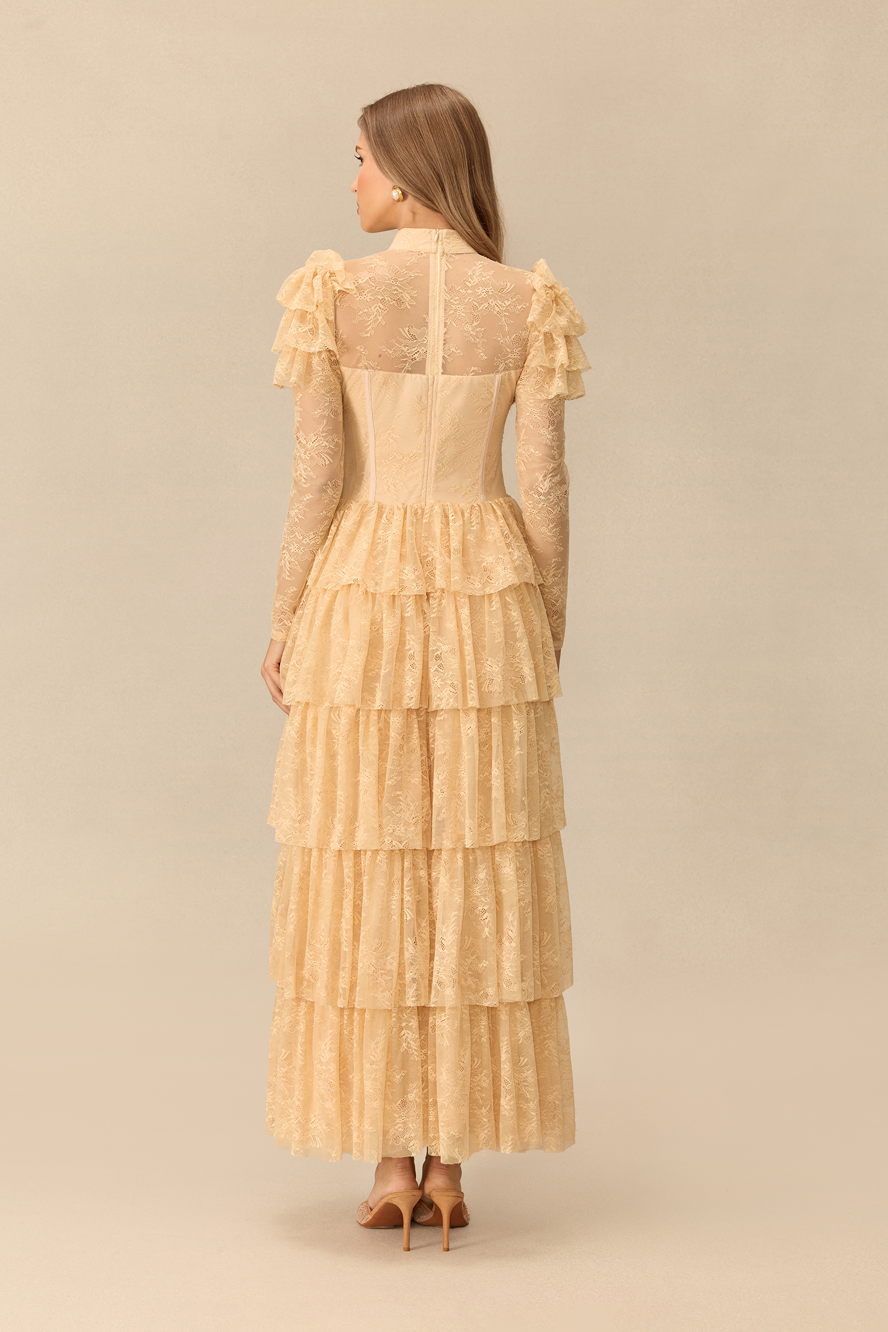 Romantic Reverie Ruffle Sleeve Tiered Lace Maxi Dress