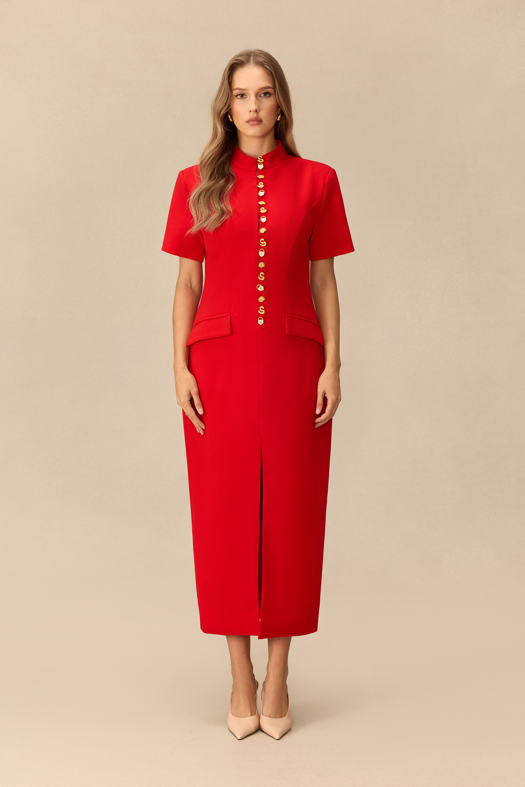 Signature Charm Stand Collar Gold Button Midi Dress