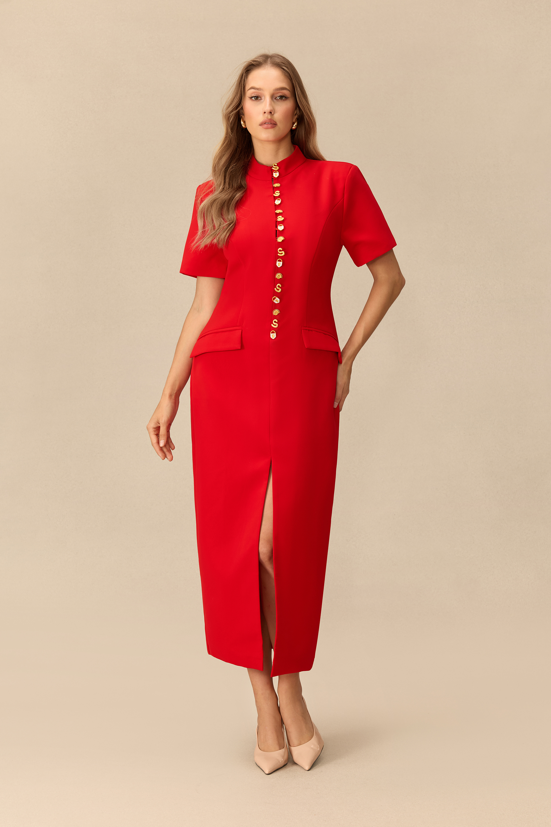 Signature Charm Stand Collar Gold Button Midi Dress