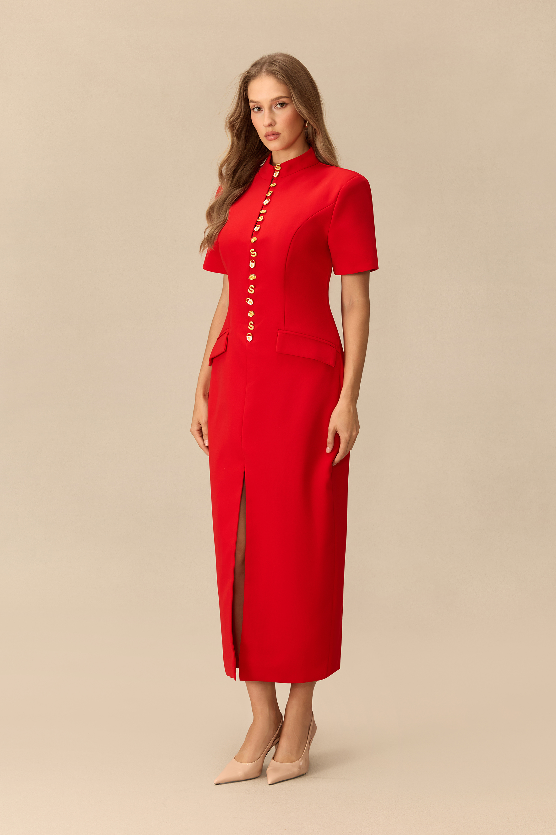 Signature Charm Stand Collar Gold Button Midi Dress
