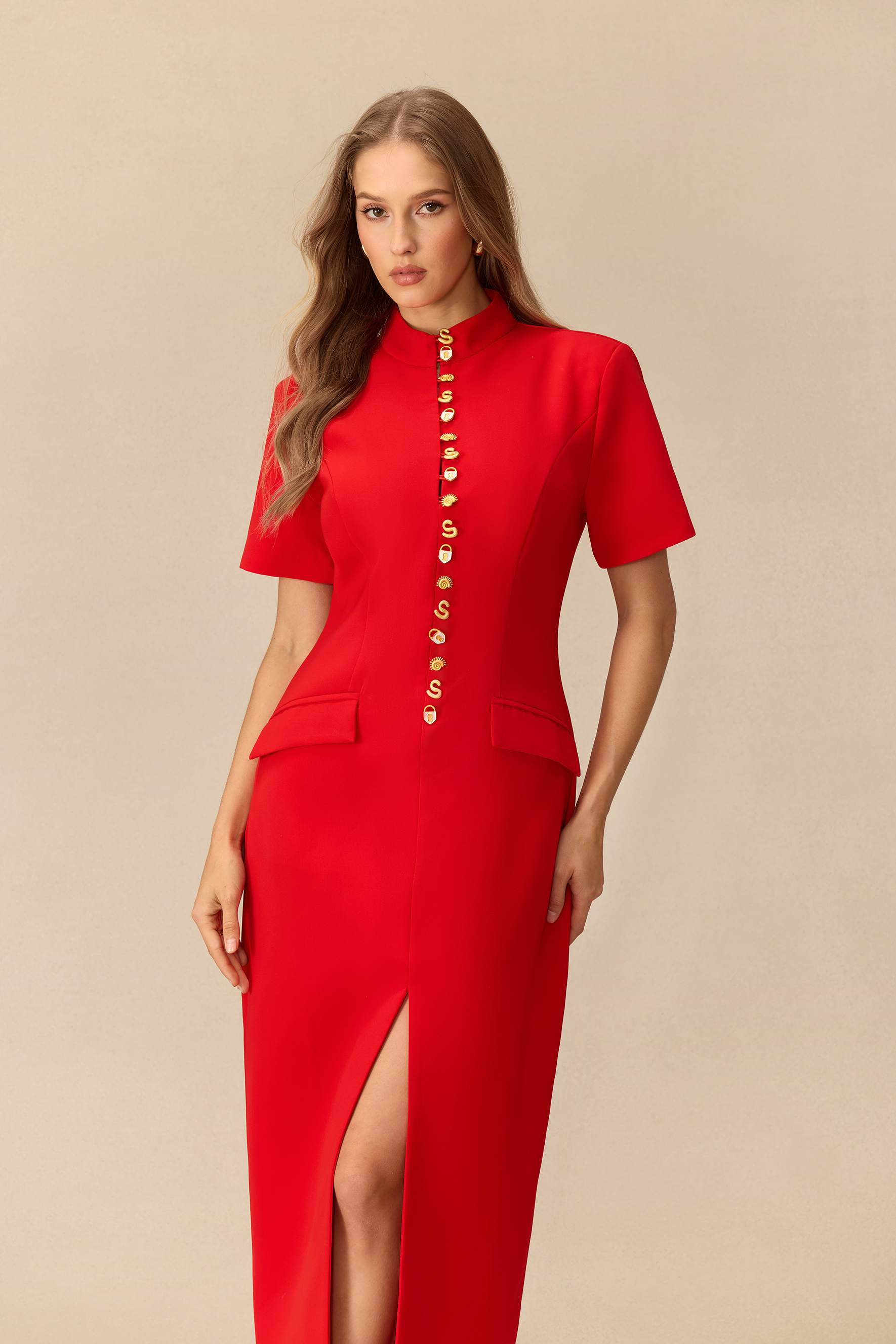 Signature Charm Stand Collar Gold Button Midi Dress