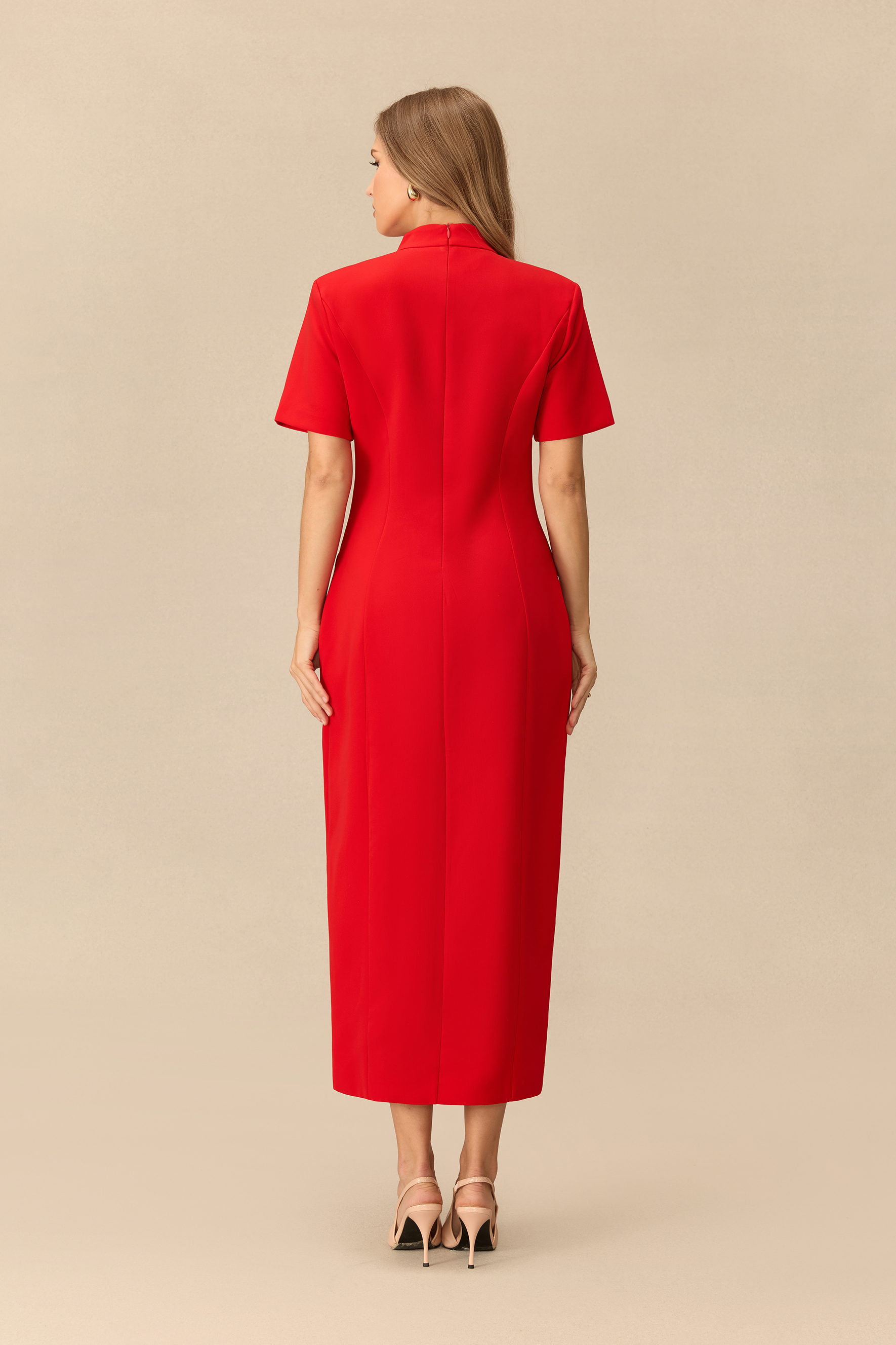 Signature Charm Stand Collar Gold Button Midi Dress