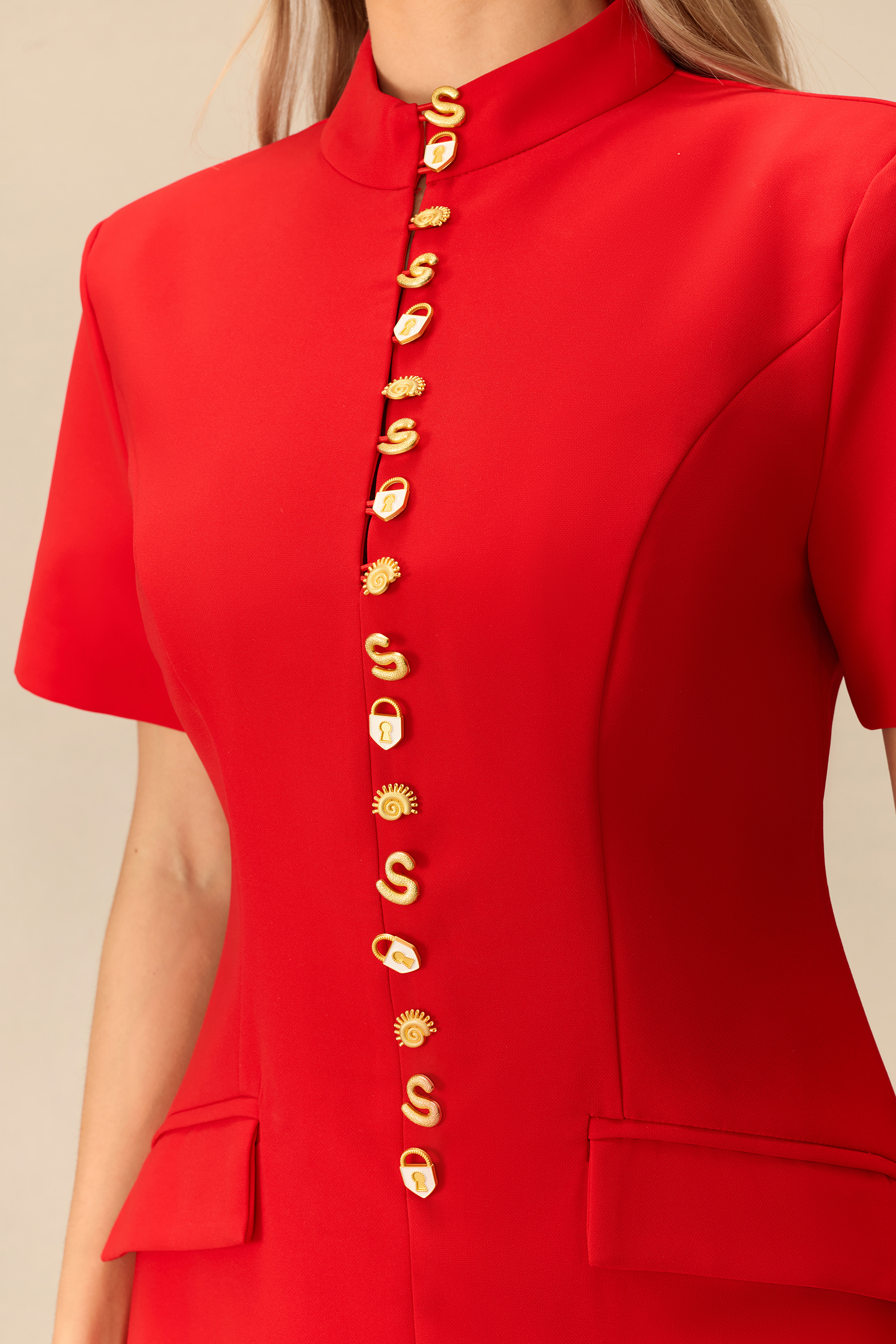 Signature Charm Stand Collar Gold Button Midi Dress