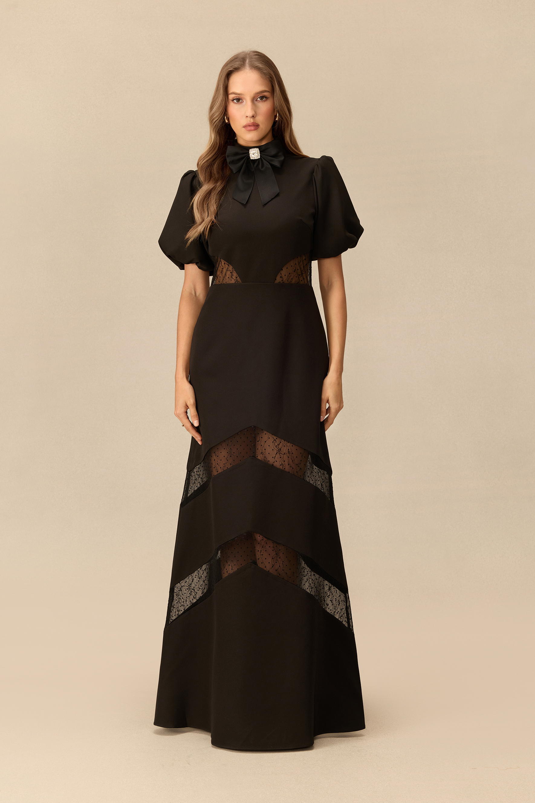 Mysterious Muse Bow Neck Lace Panel Maxi Dress