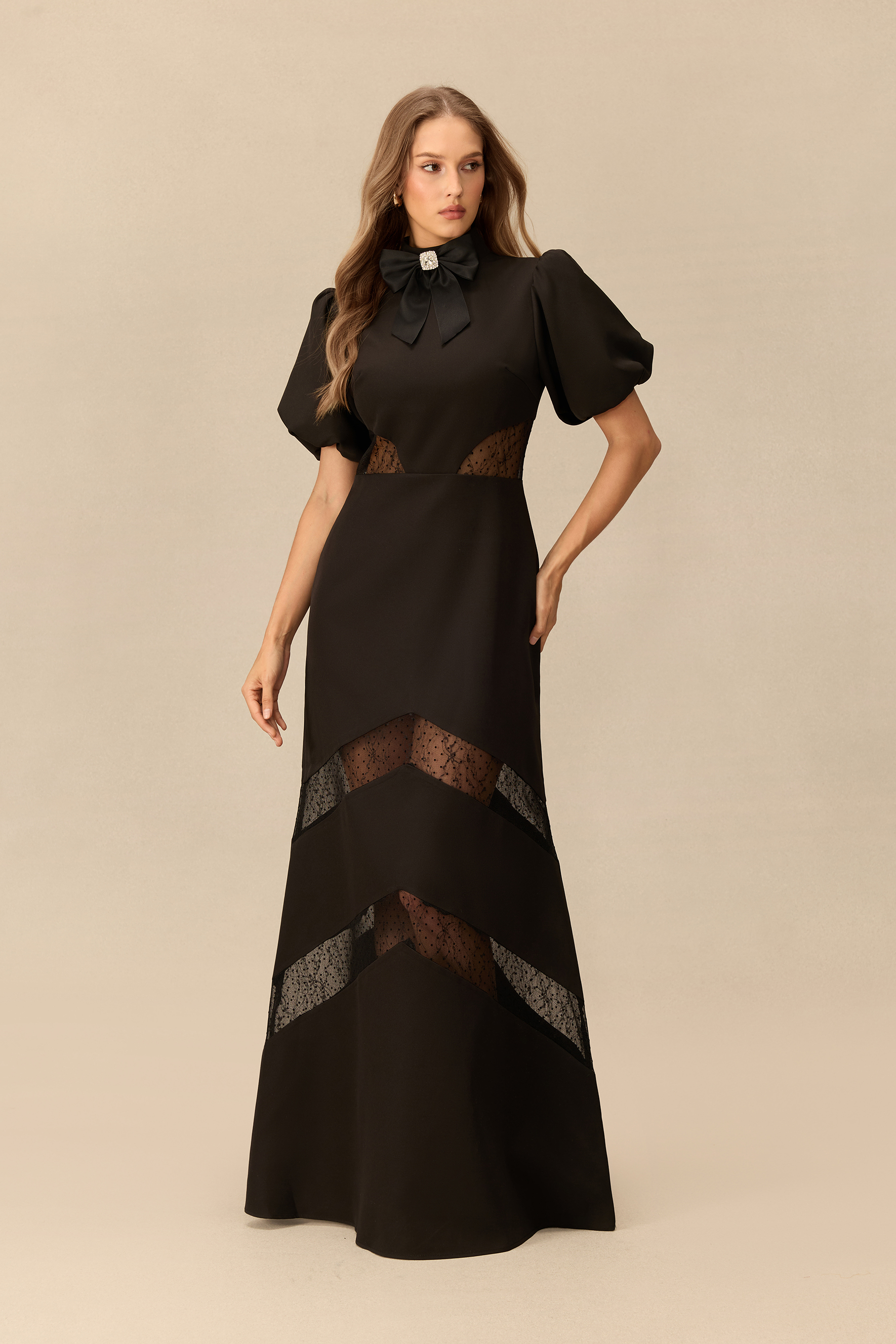 Mysterious Muse Bow Neck Lace Panel Maxi Dress