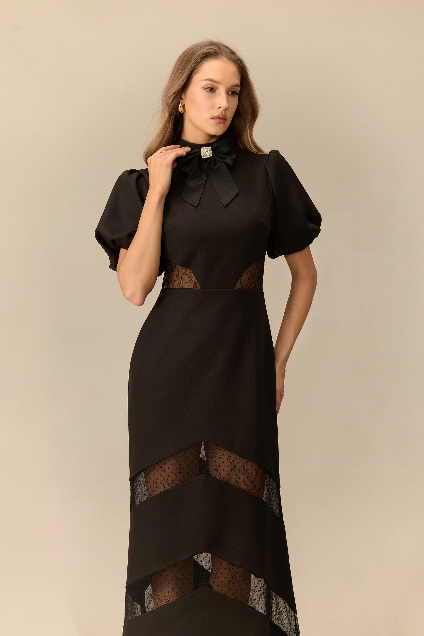 Mysterious Muse Bow Neck Lace Panel Maxi Dress