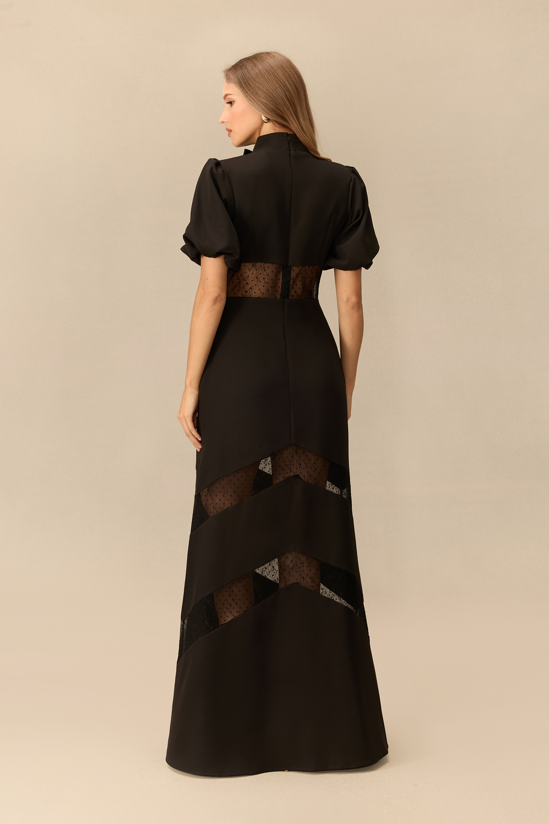 Mysterious Muse Bow Neck Lace Panel Maxi Dress