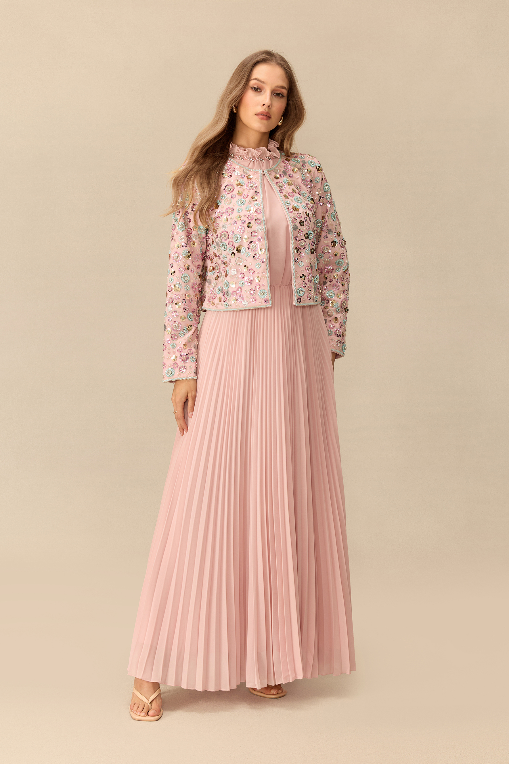 Modest Glamour Embellished Cropped Jacket & Pleated Dress Set