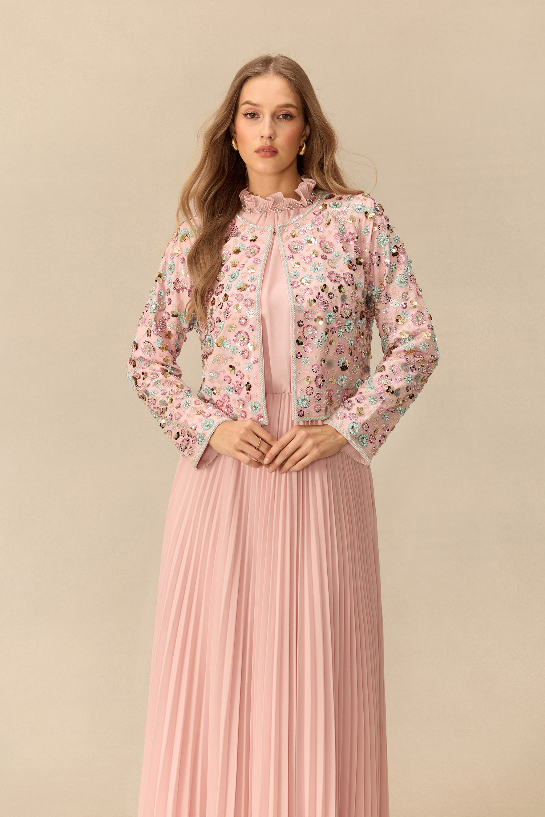 Modest Glamour Embellished Cropped Jacket & Pleated Dress Set