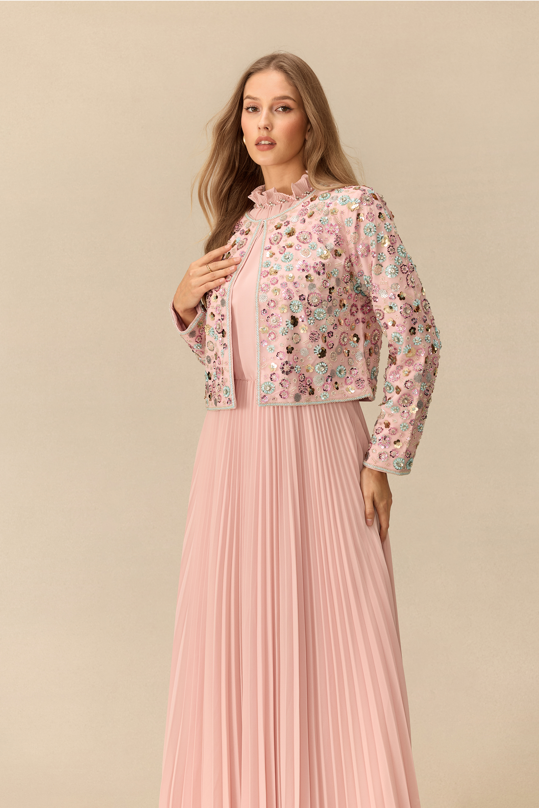 Modest Glamour Embellished Cropped Jacket & Pleated Dress Set