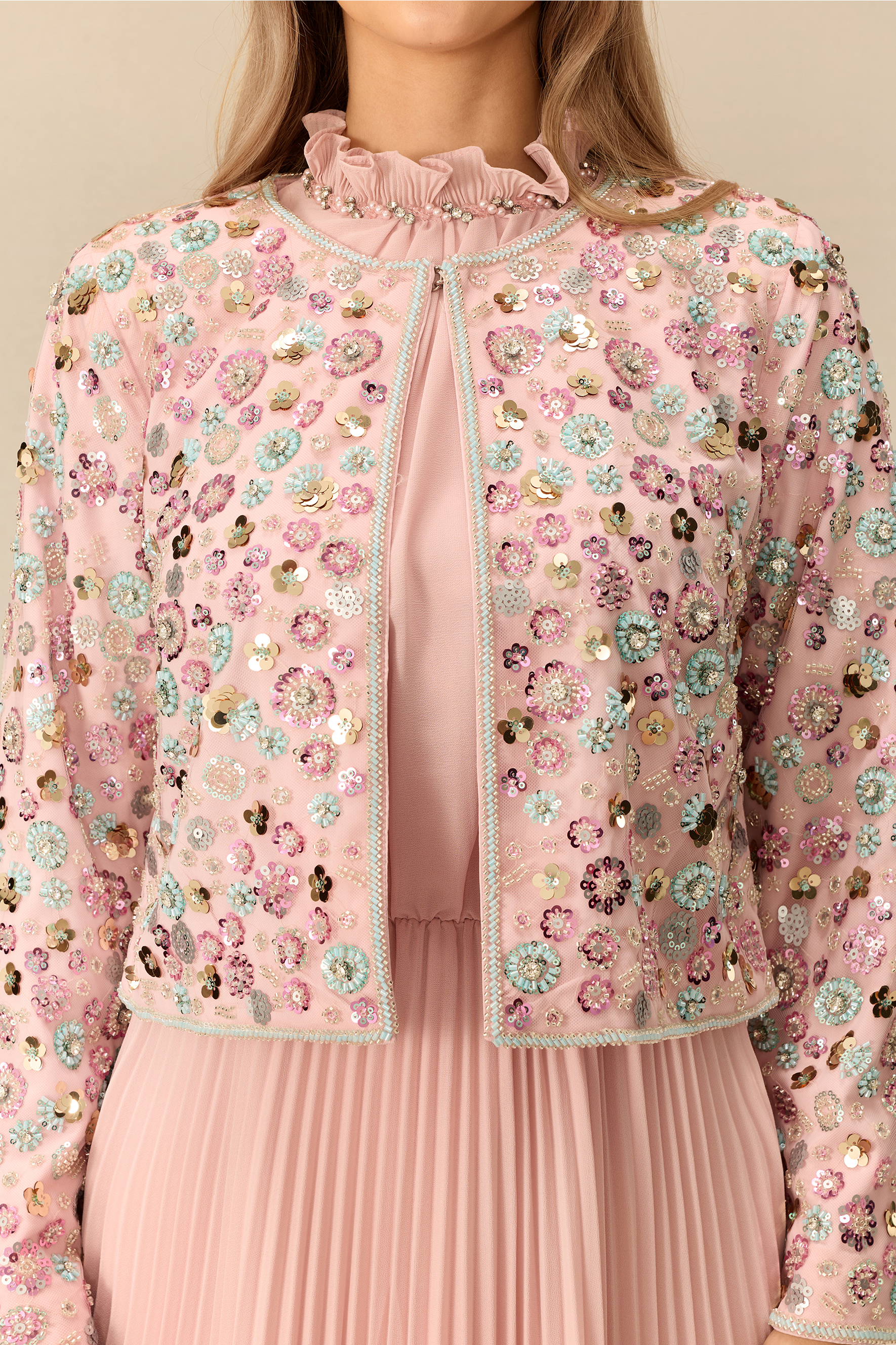 Modest Glamour Embellished Cropped Jacket & Pleated Dress Set