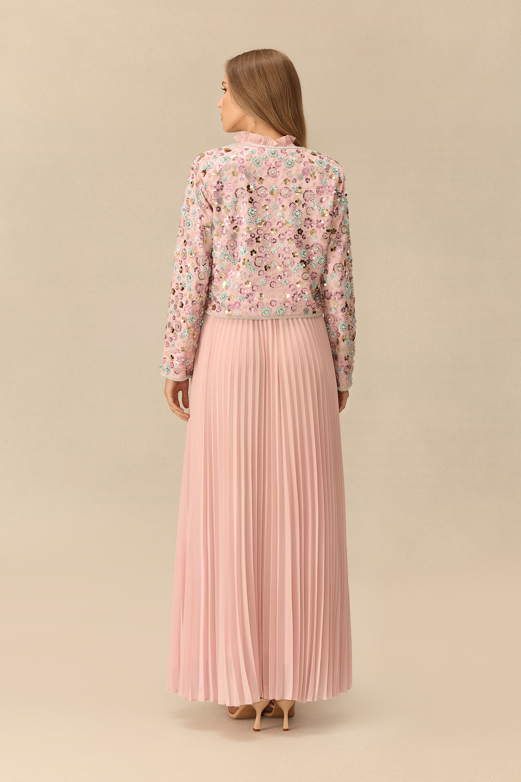 Modest Glamour Embellished Cropped Jacket & Pleated Dress Set