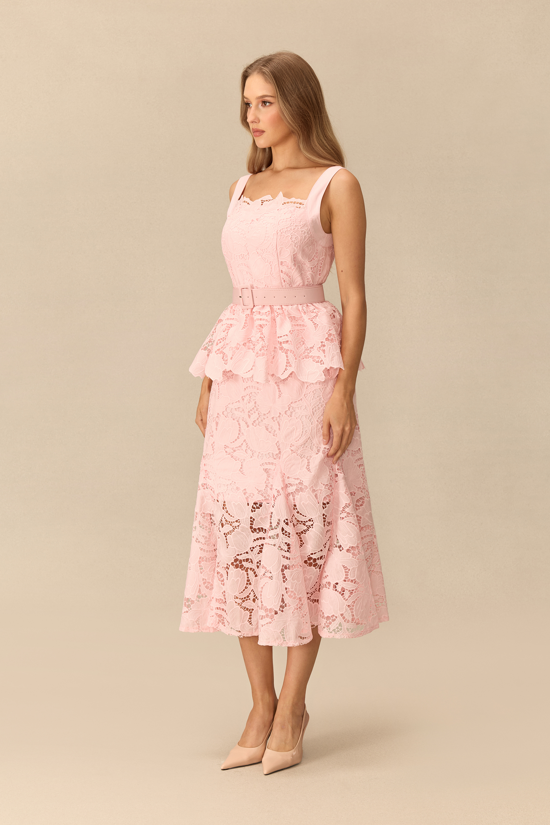 Romantically Speaking Wide Strap Lace Peplum Midi Dress