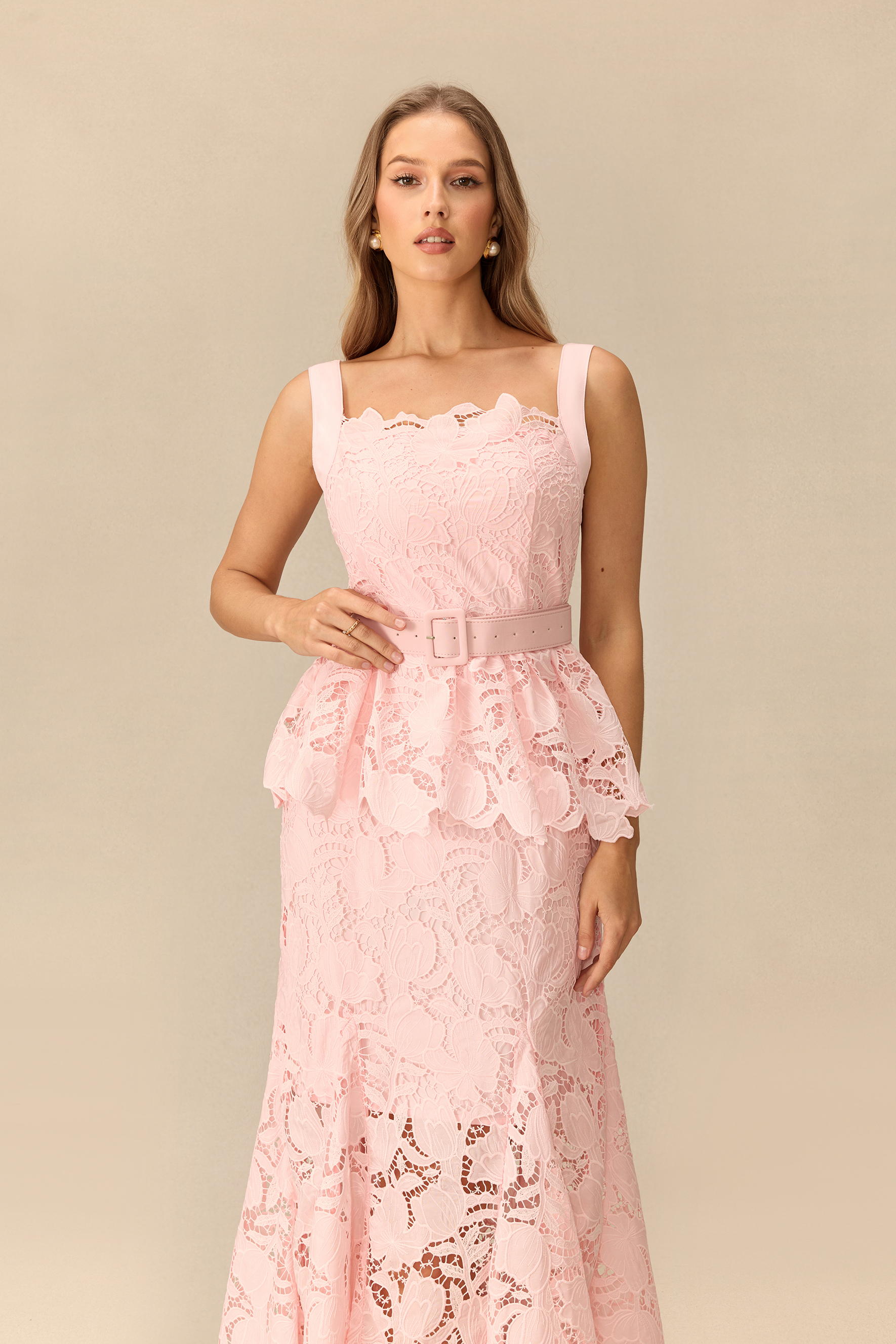 Romantically Speaking Wide Strap Lace Peplum Midi Dress
