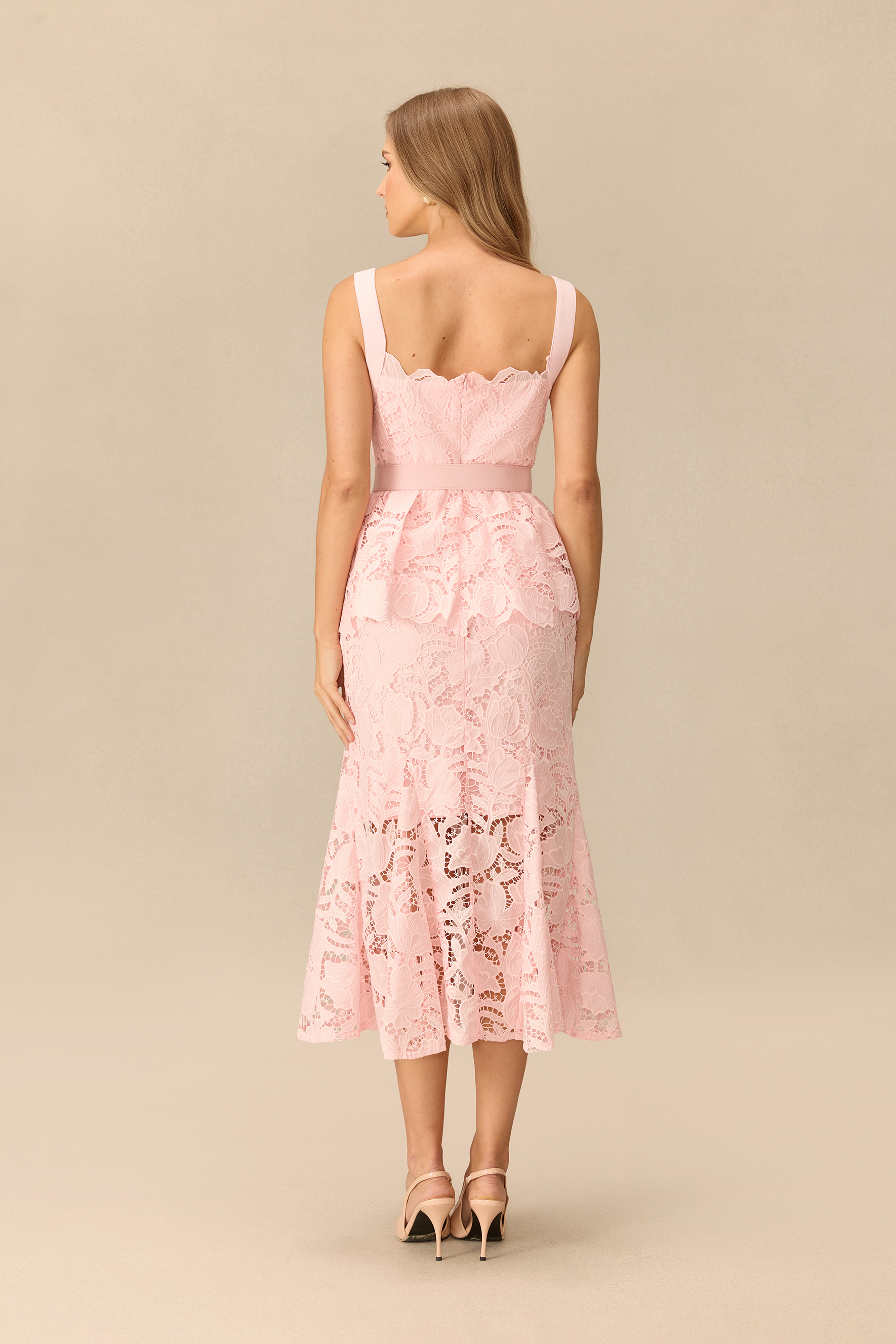 Romantically Speaking Wide Strap Lace Peplum Midi Dress