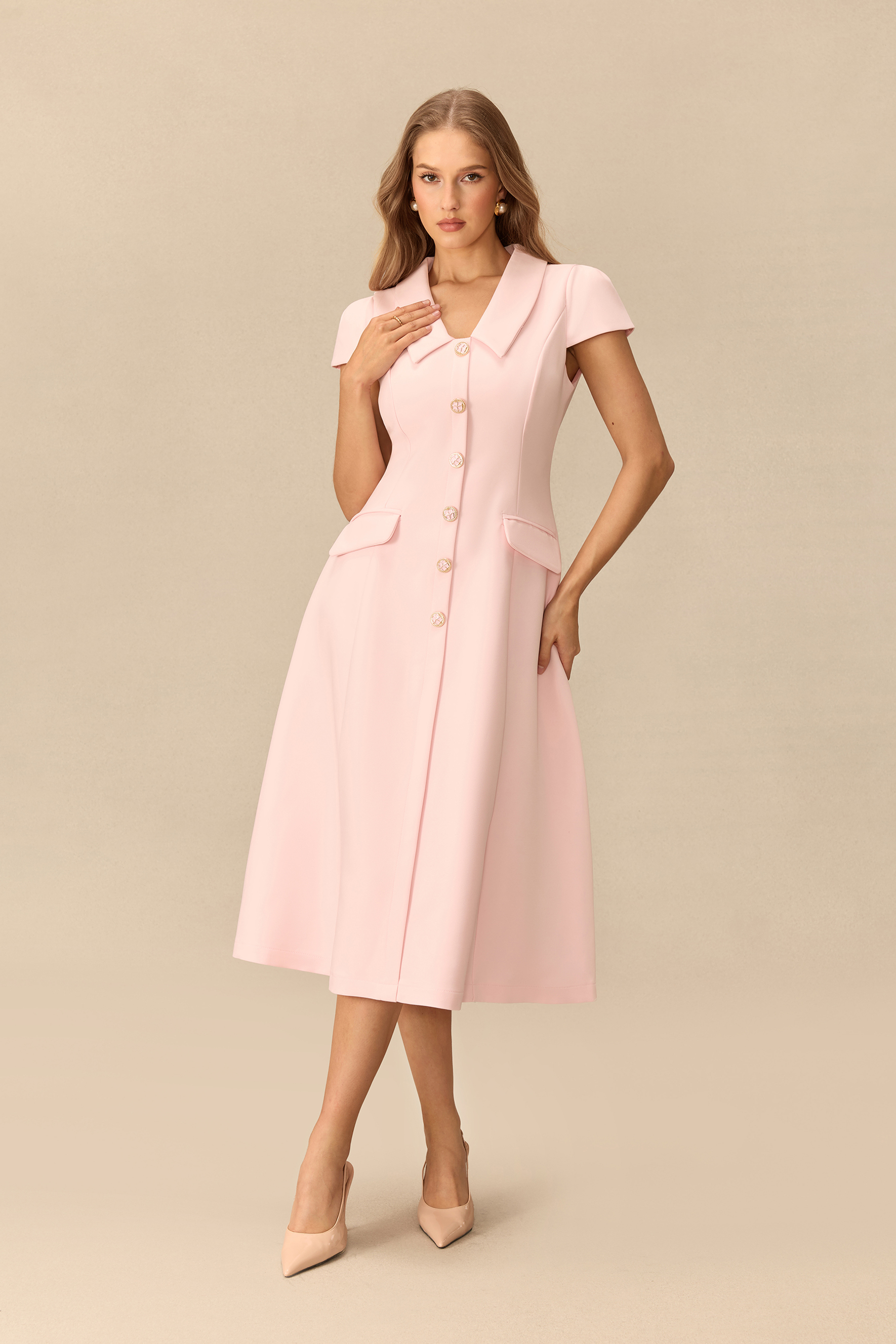 Simply Smitten Pointed Collar Cap Sleeve Midi Dress