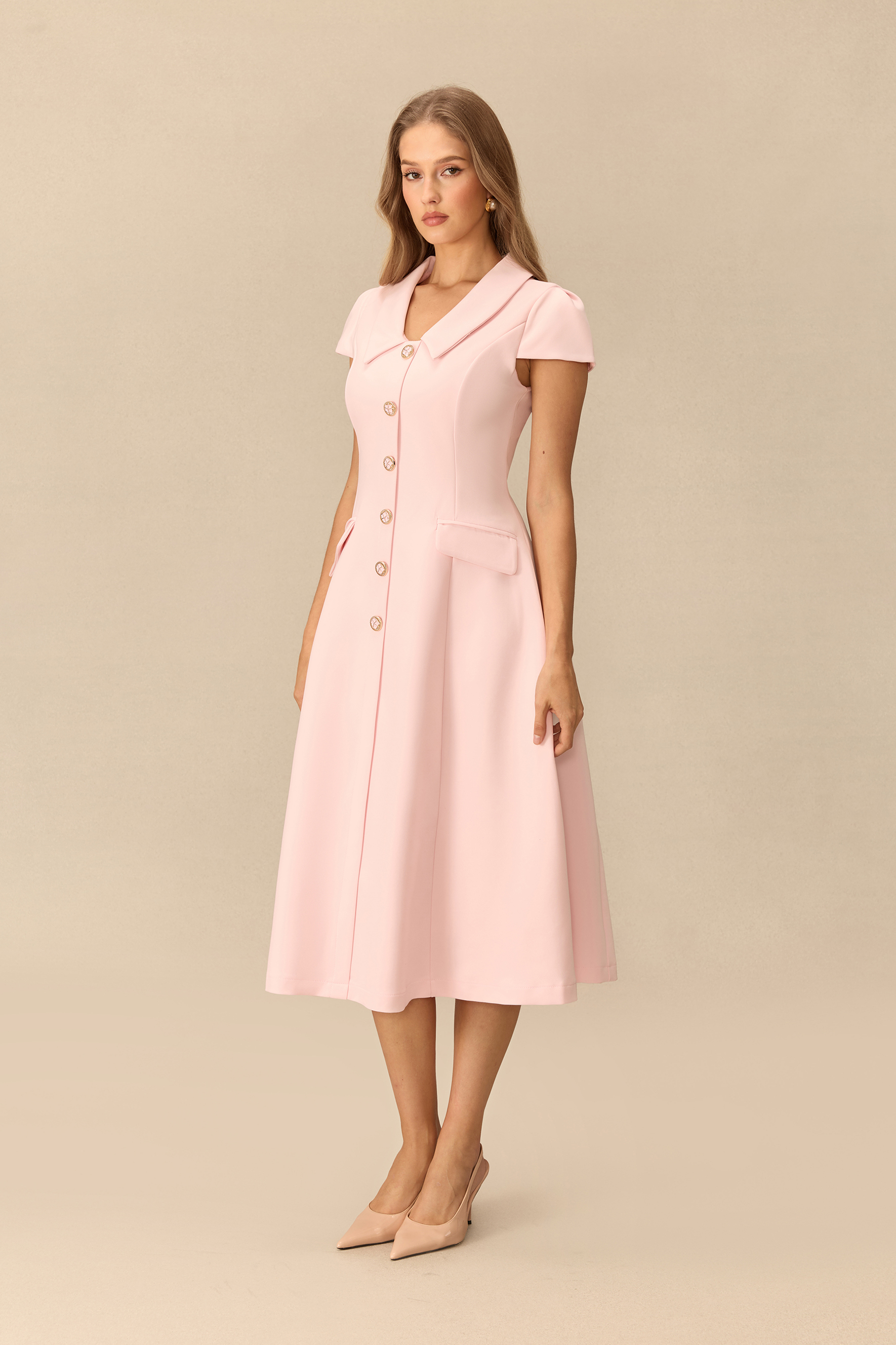 Simply Smitten Pointed Collar Cap Sleeve Midi Dress