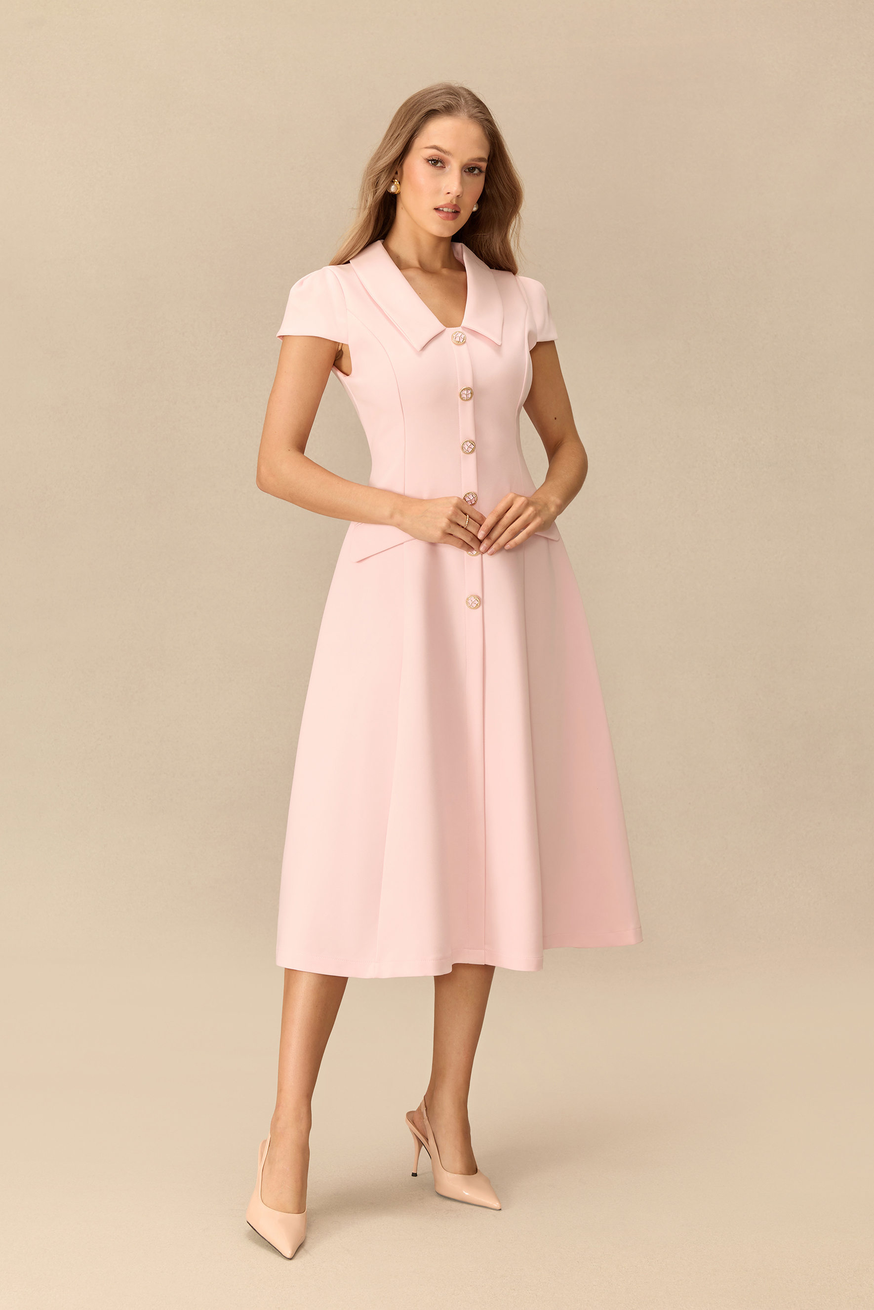 Simply Smitten Pointed Collar Cap Sleeve Midi Dress