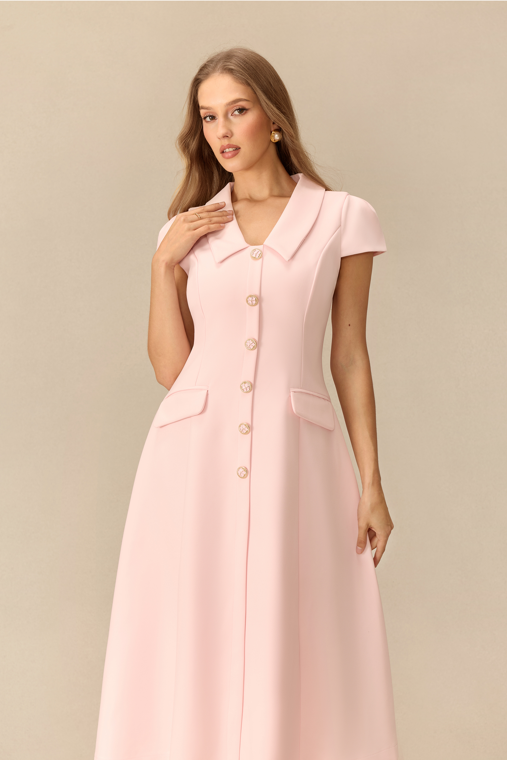 Simply Smitten Pointed Collar Cap Sleeve Midi Dress