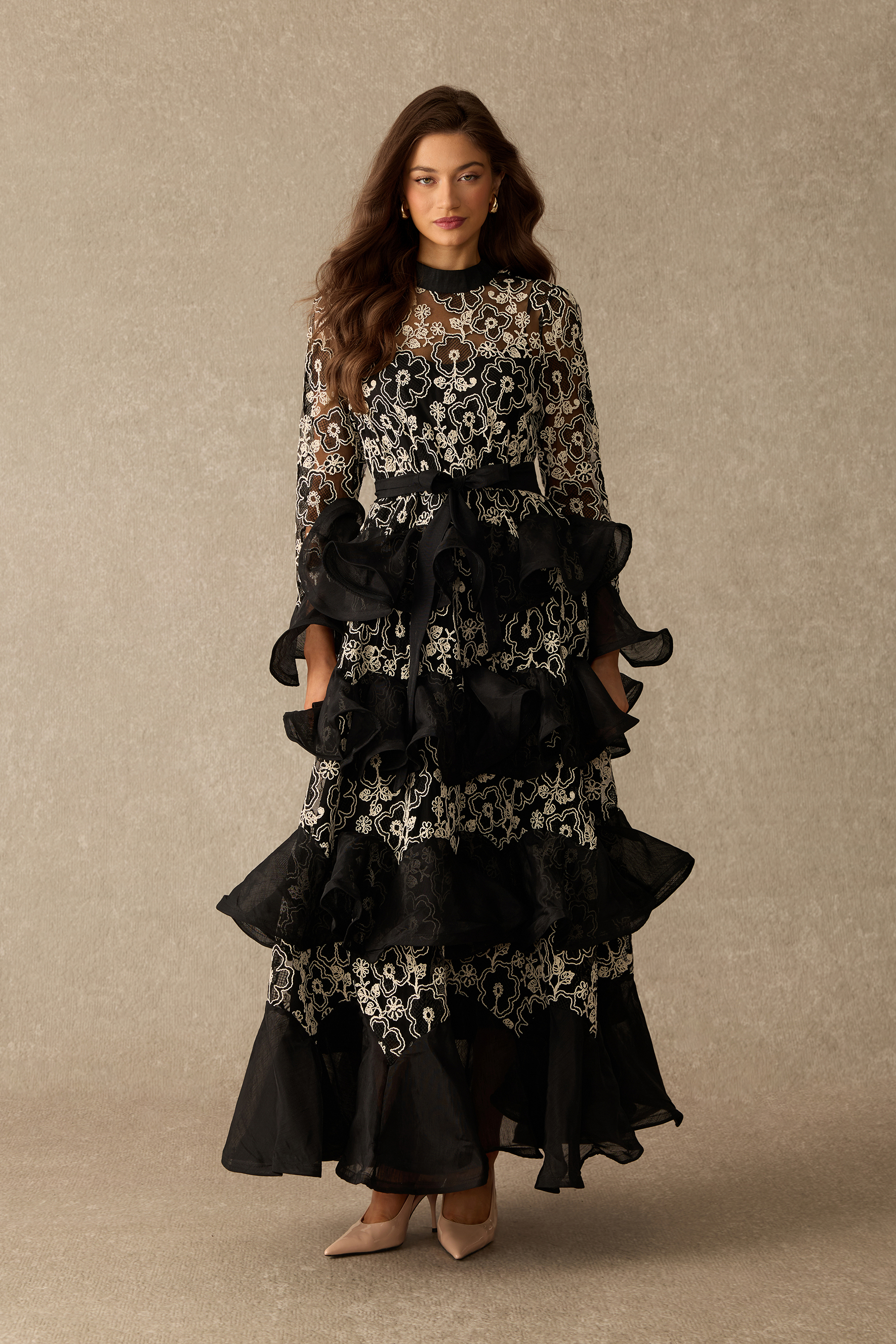 Quietly Captivating Floral Lace Layered Ruffle Maxi Dress