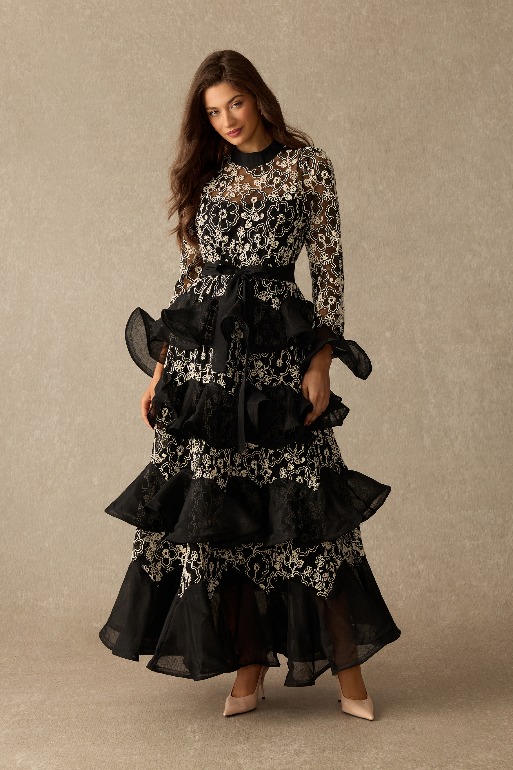 Quietly Captivating Floral Lace Layered Ruffle Maxi Dress