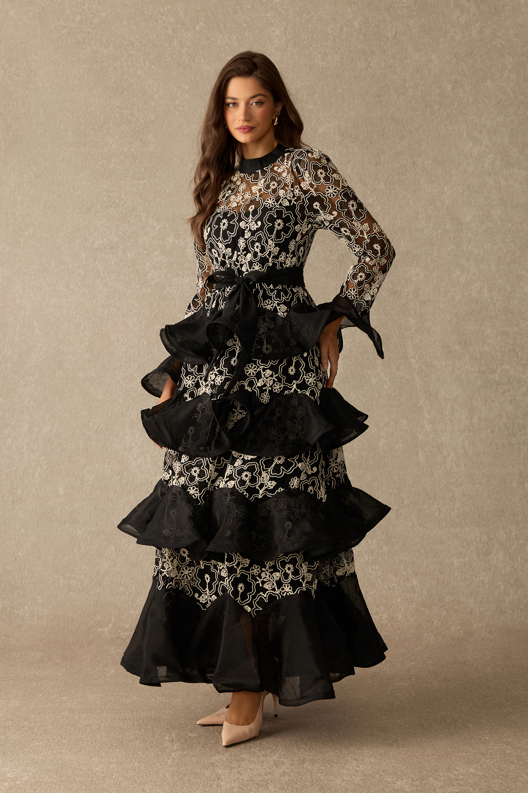 Quietly Captivating Floral Lace Layered Ruffle Maxi Dress