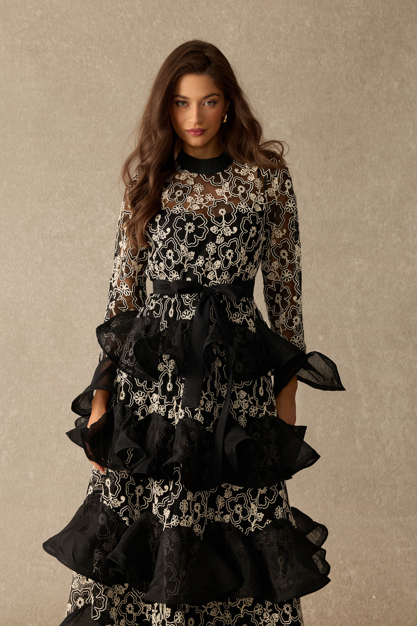 Quietly Captivating Floral Lace Layered Ruffle Maxi Dress