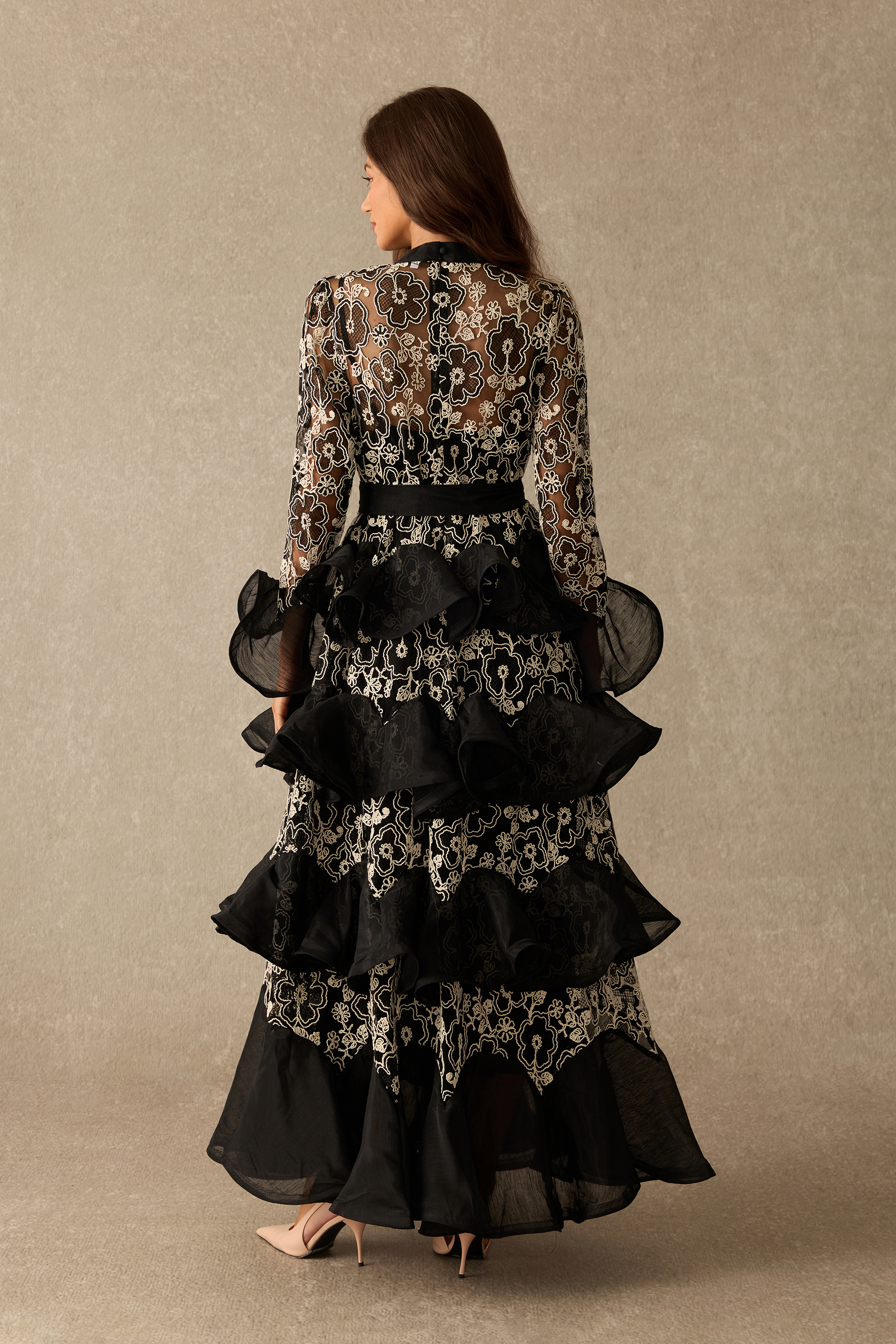 Quietly Captivating Floral Lace Layered Ruffle Maxi Dress