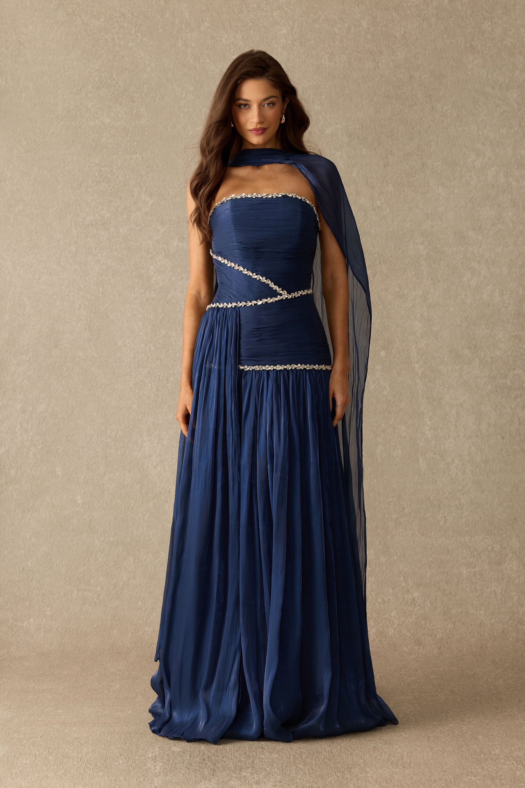 Into The Blue Rhinestone Trim Strapless Maxi Dress With Scarf