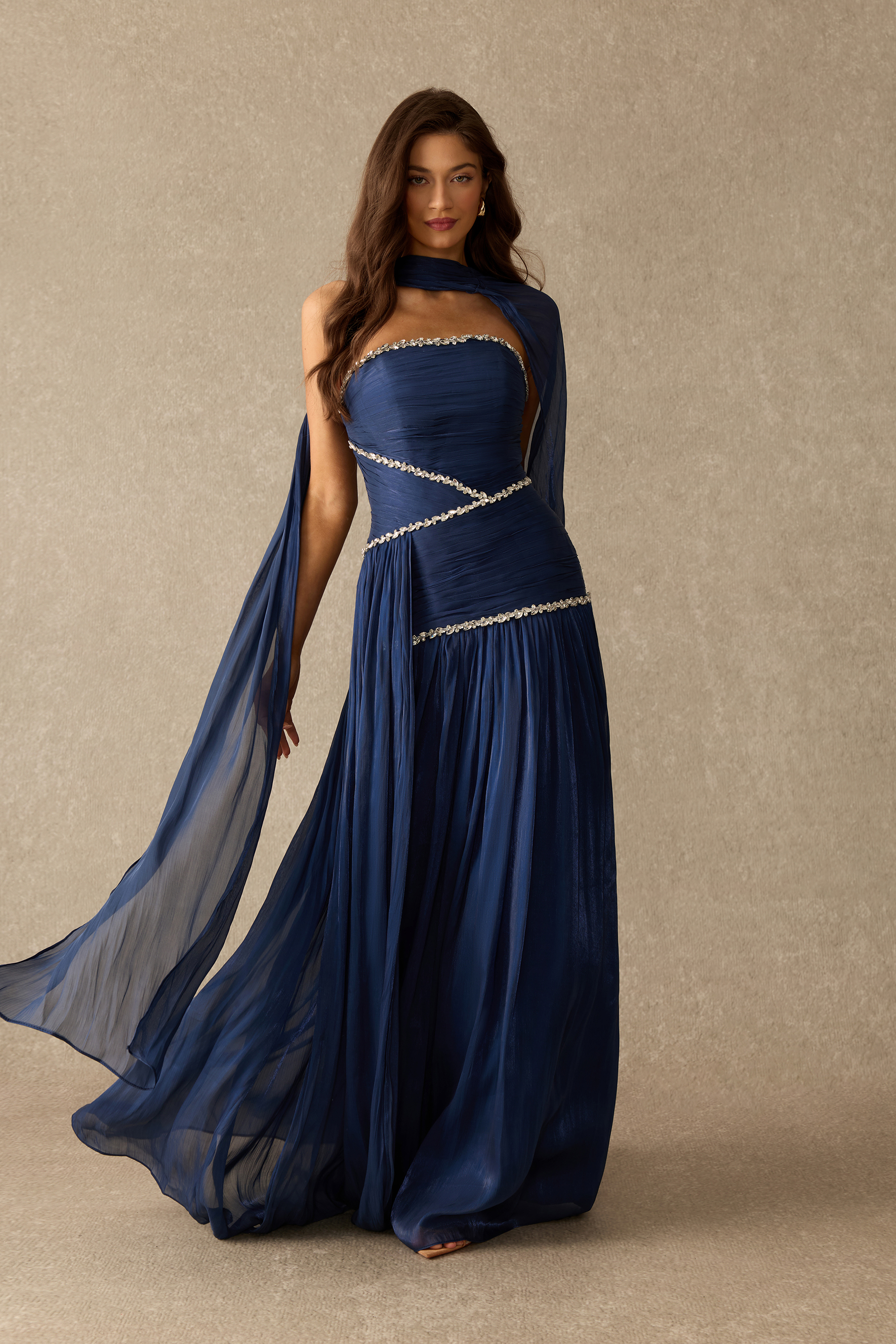 Into The Blue Rhinestone Trim Strapless Maxi Dress With Scarf