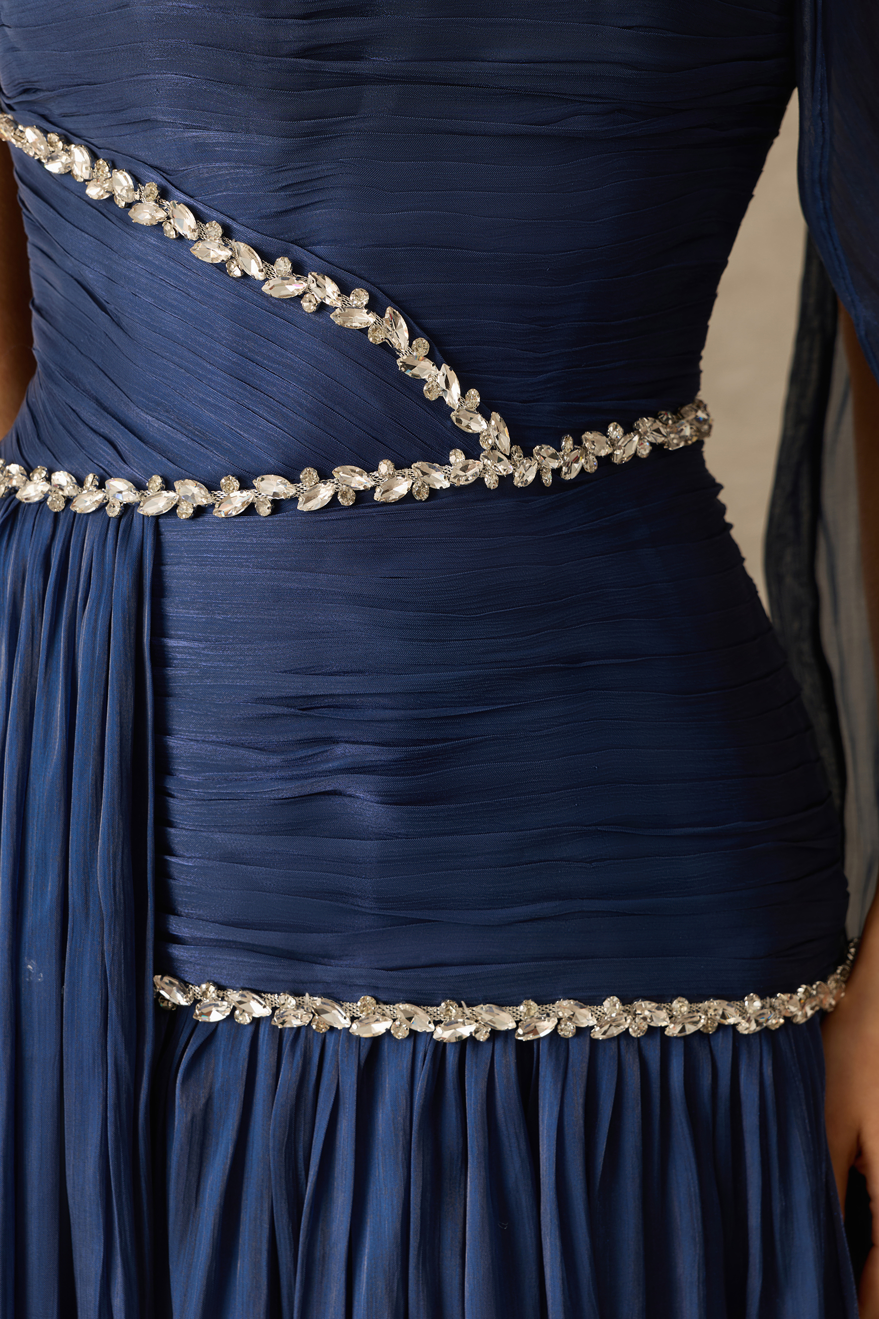 Into The Blue Rhinestone Trim Strapless Maxi Dress With Scarf