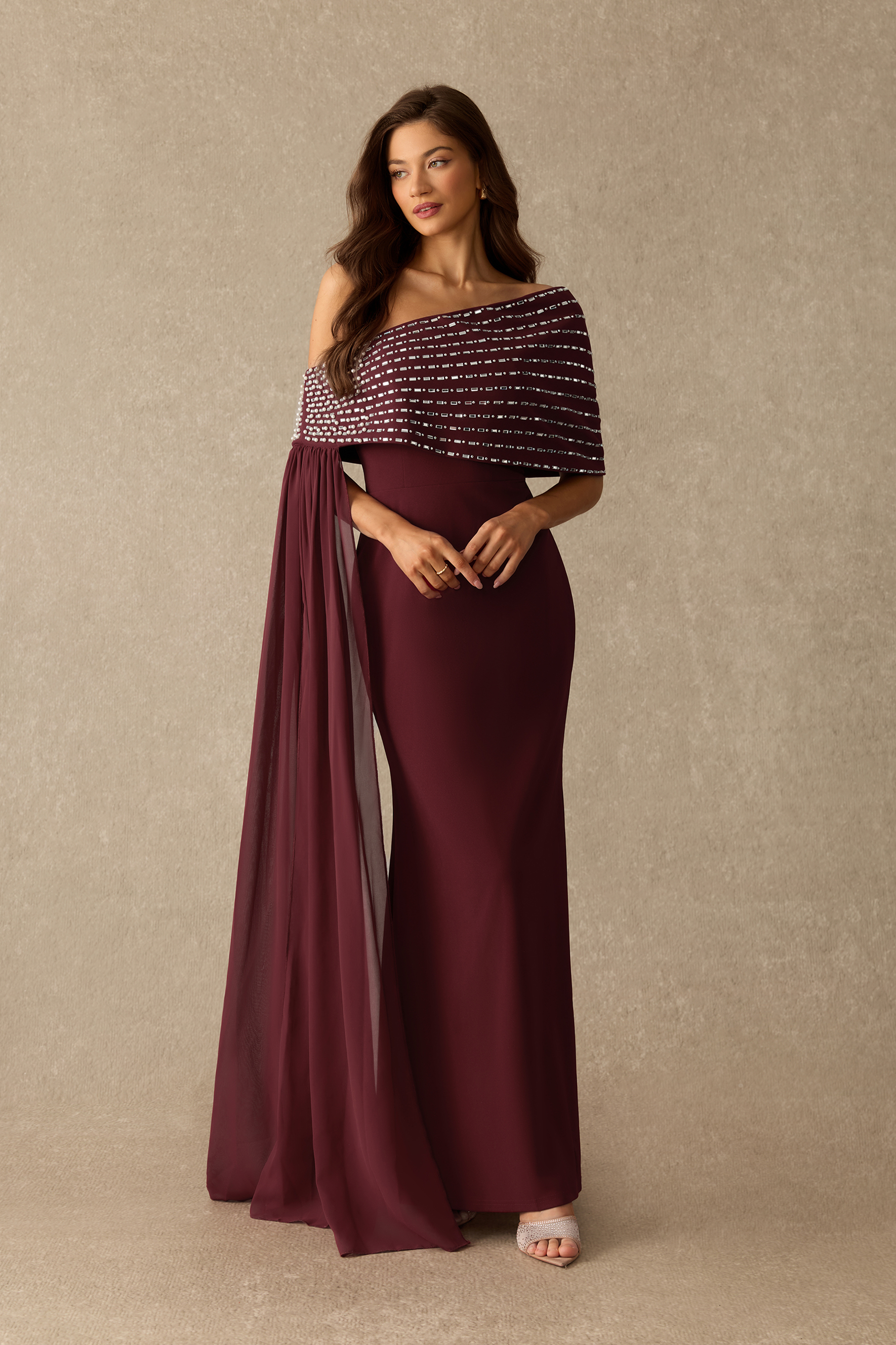 Lost In Luxury Rhinestone Shawl Strapless Maxi Dress
