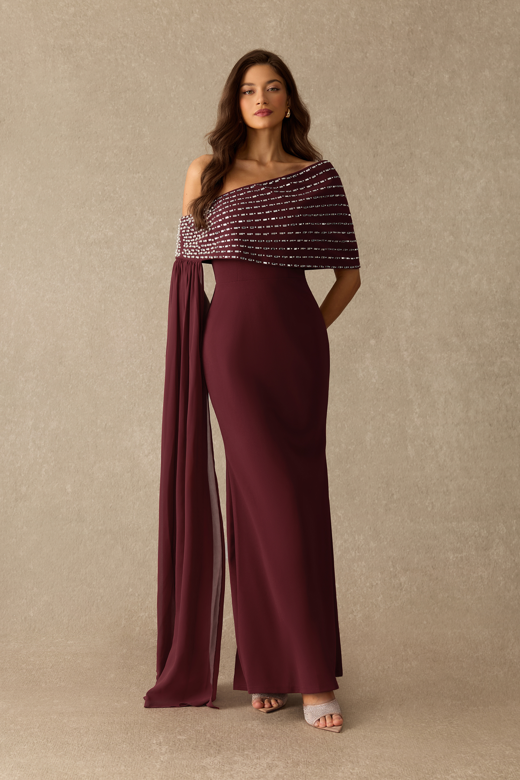Lost In Luxury Rhinestone Shawl Strapless Maxi Dress