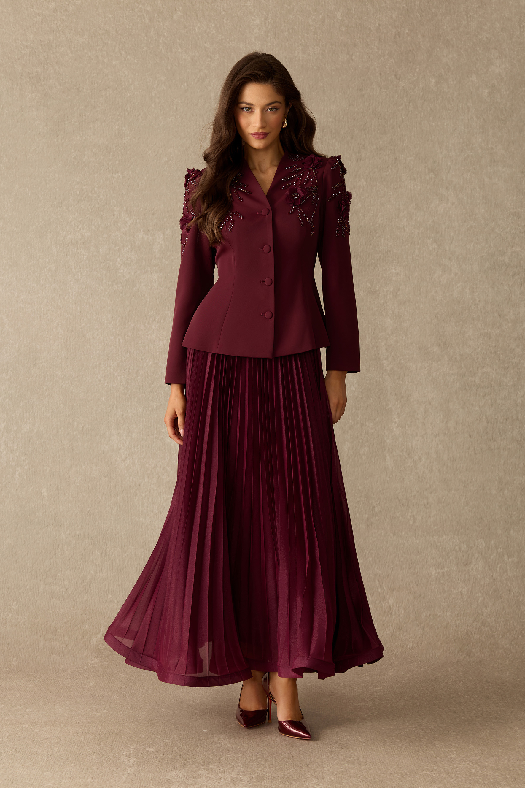 Elegant Intrigue Floral Embellished Jacket & Pleated Skirt Set