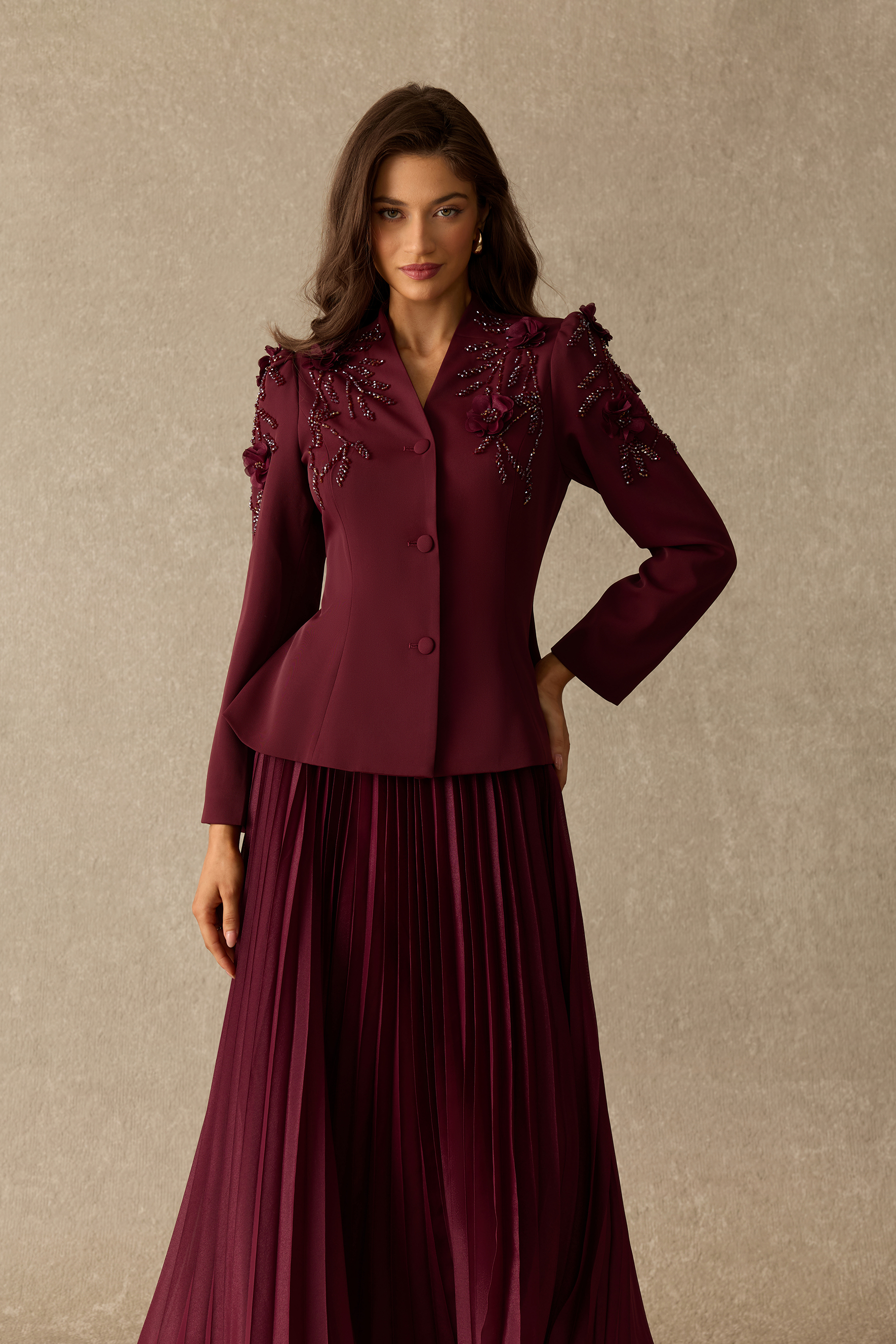 Elegant Intrigue Floral Embellished Jacket & Pleated Skirt Set
