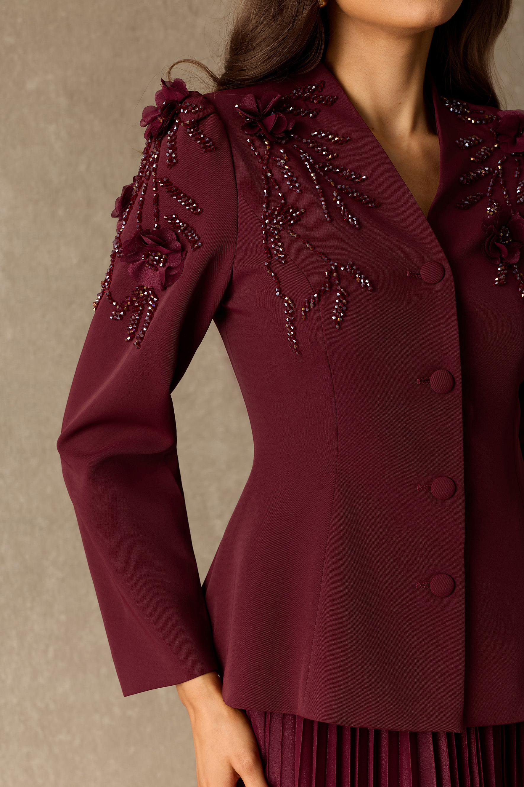 Elegant Intrigue Floral Embellished Jacket & Pleated Skirt Set